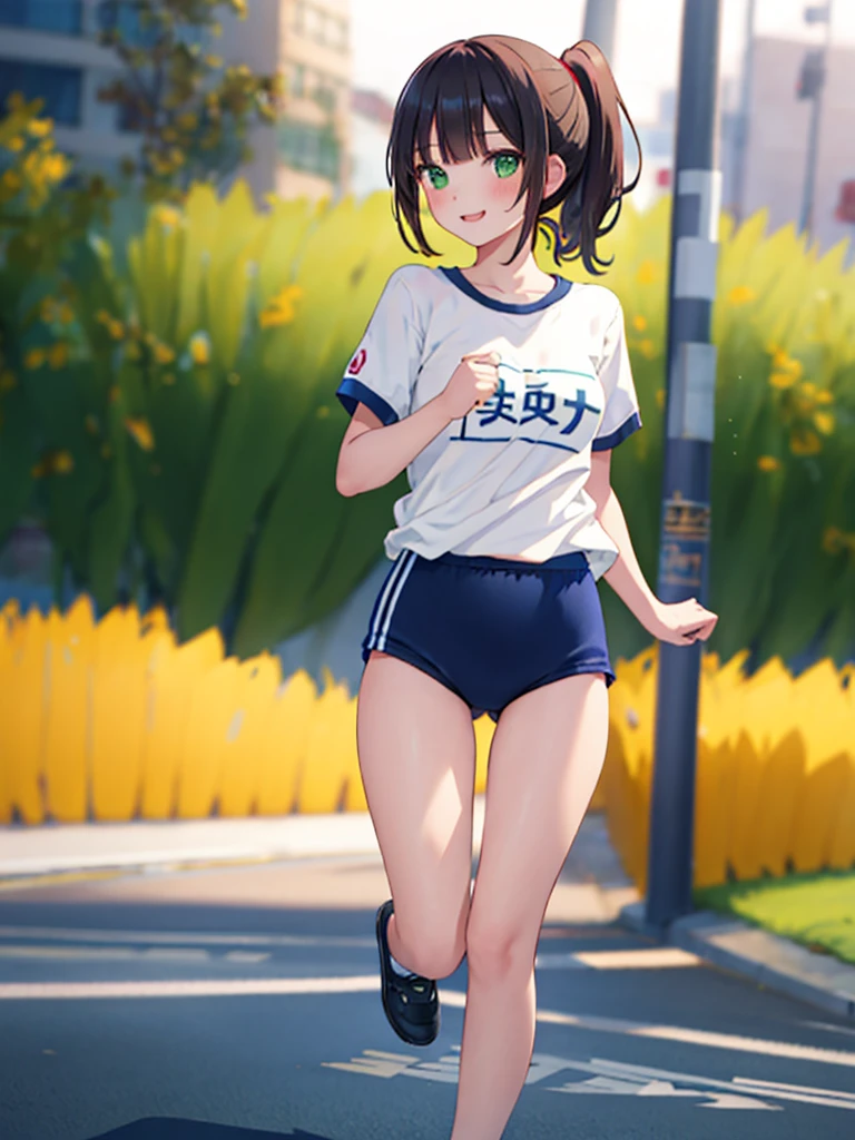 masterpiece, highest quality, High resolution, 1 girl, pretty girl, smile, low ponytail, ((blunt bangs)), bloomers, (green bloomers), full body shot, On the road, running