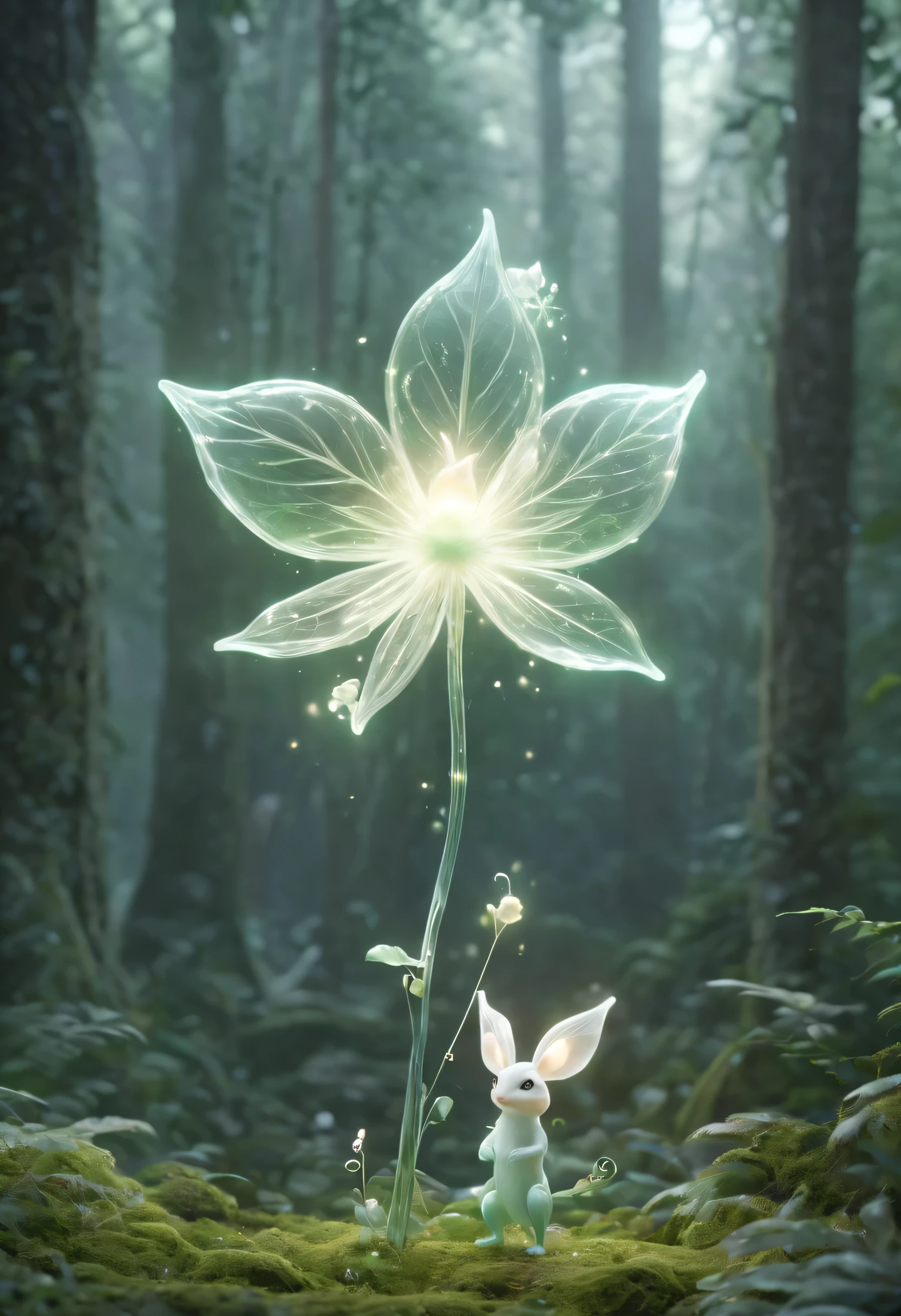 (best quality,4K,high resolution),(actual:1.37),Cute creatures in the forest,actual creature,Very detailed,thin and tall,long legs,transparent,waving a magic wand,huge transparent lantern flower,Super detailed,ethereal,Soft glow lighting,magic,forest atmosphere,green color palette,majestic