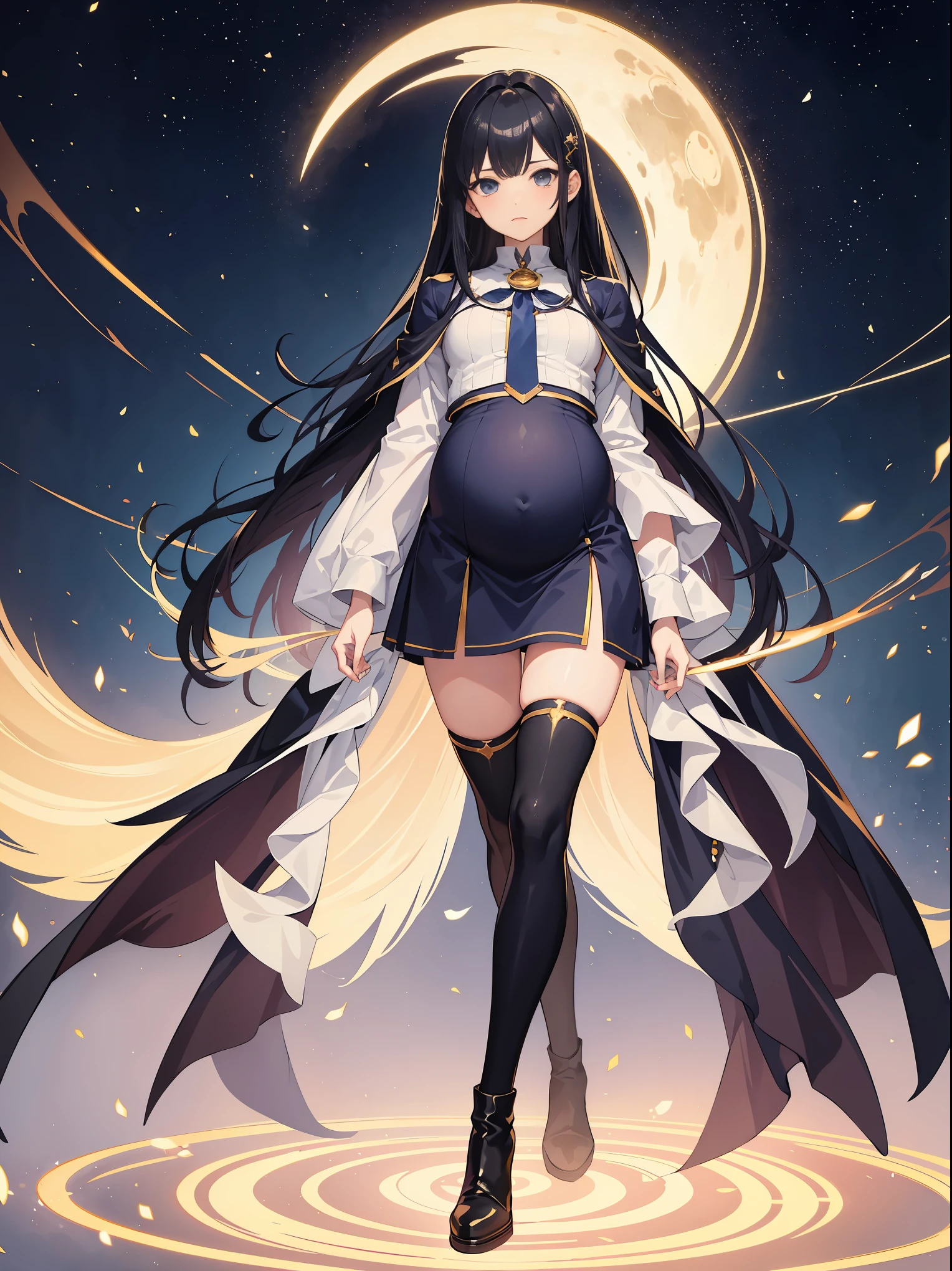 full body shot shot,idoly,portrait,solo person,over knee socks,hair pin,frilld,Boots that are thigh-length,Beautiful boy,,Magical Boy, Magical shcool background,,pregnant, pregnant Belly, 