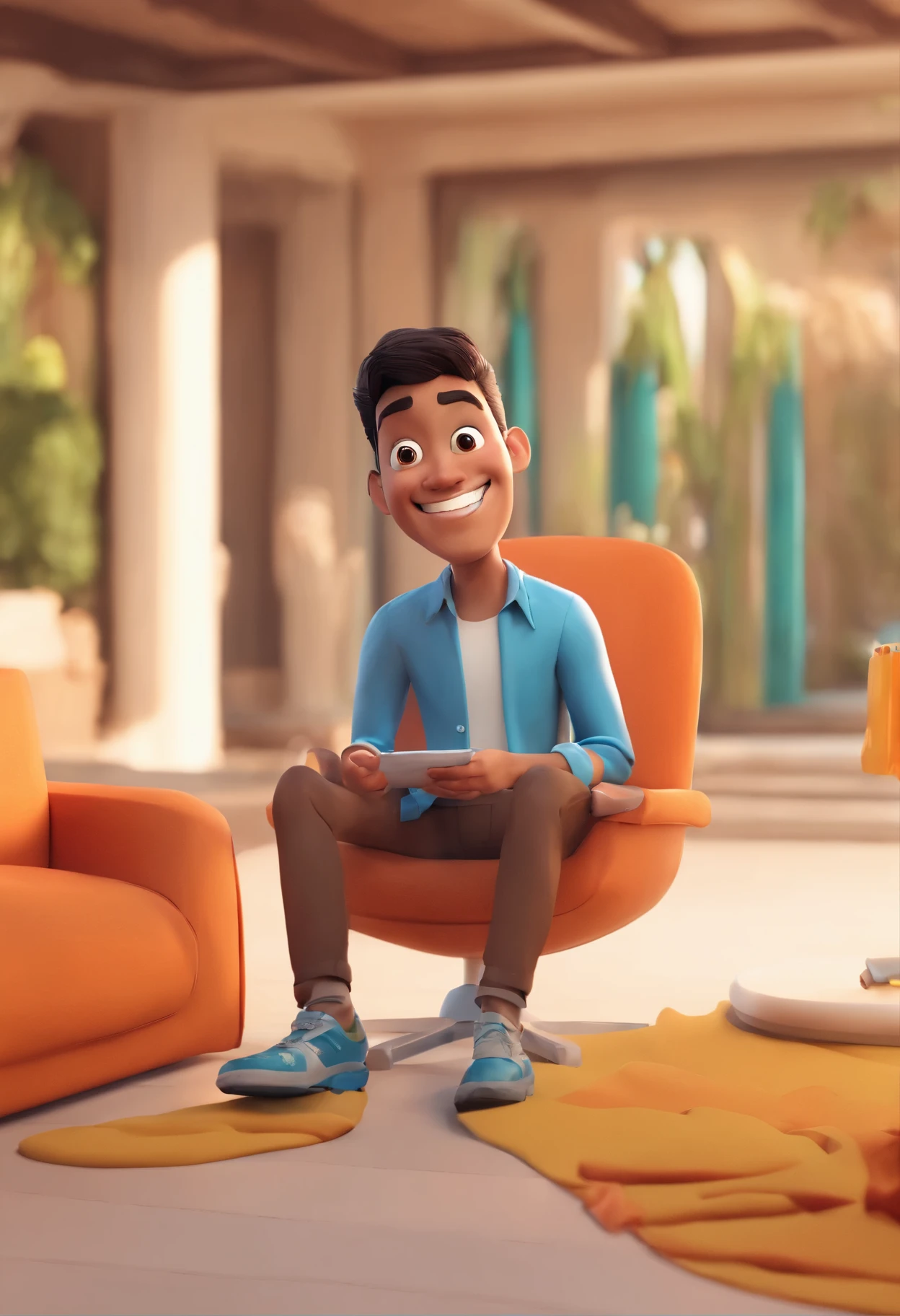 Smiling young indonesian Man Illustration, sorriso insano, Homem de pele marrom com um sorriso gigante, happily smiling at the camera, sorriso atrevido, he's smiling, sorriso muito grande, Macho sorridente, foto de perfil headshot, rindo sorriso enorme, desenhando no estilo de Arte 3D, c4d, fundo de cor branco puro, estilo disney, estilo pixar render ilustracao Super Detalhe, 8k