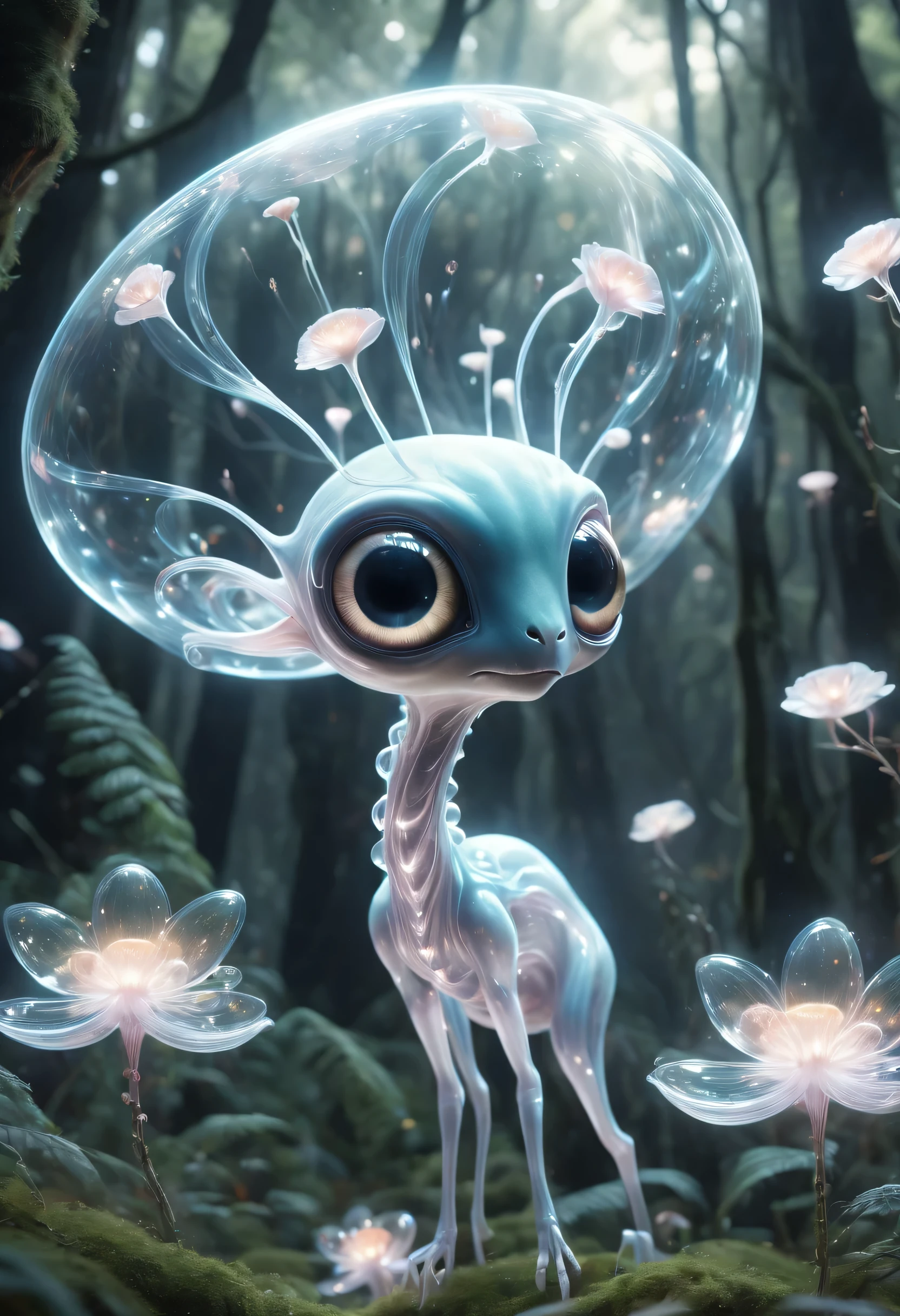 (best quality,4K,high resolution,Super detailed,actual:1.2),alien forest,cute creature,Strong electromagnetic waves,lightwave,luminescent,transparent,big eyes,long neck,Extra large alien flower,suspended in the air