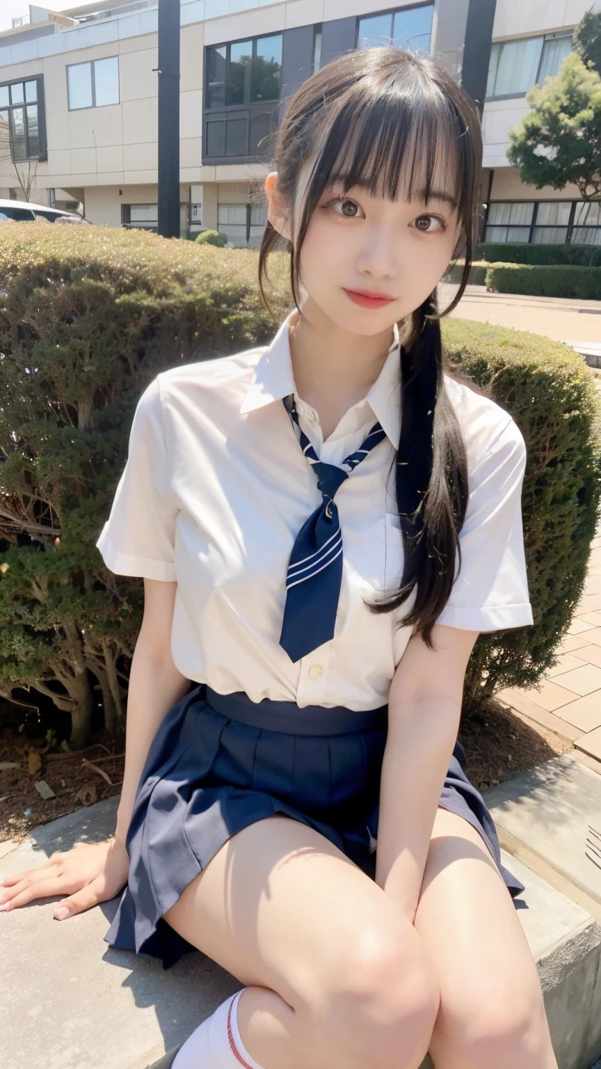 20歳,女子高生,公園,立っている,white collared shirt, blue stripe necktie, pleated skirt, micromini skirt, white socks, loafers, school shoes,