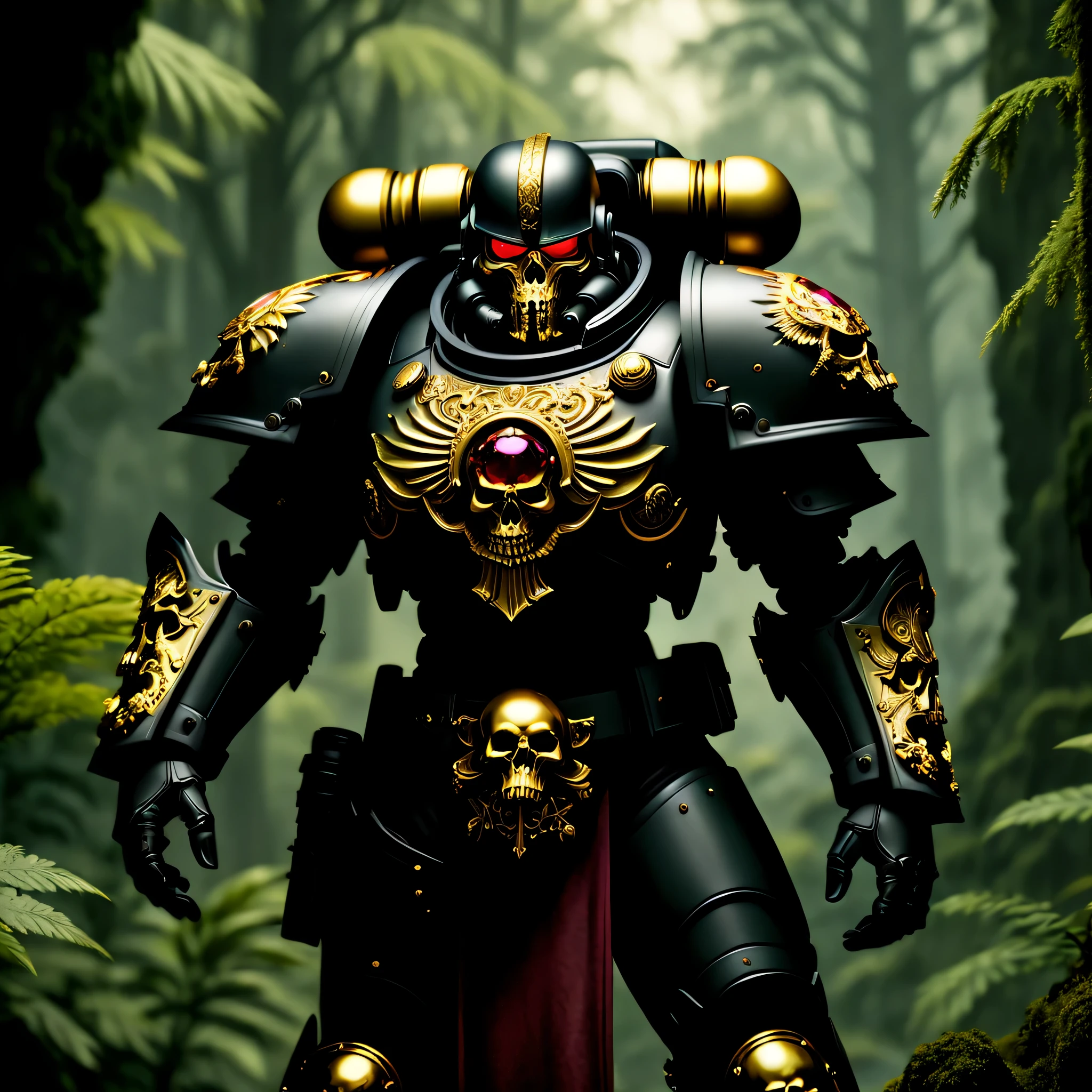 Um feroz Space Marine vestido com intrincados, ornate armor of black and gold ruby stands in a dynamic posture, ready to defend the Empire. The landscape background of the Temperate Forest adds a touch of nature to the scene, while volumetric cinematic lighting highlights every detail of the highly detailed skull on the Marine&#39;s shoulder. This realistic representation captures the essence of Adepta Sororitas, the Sisters of Battle, in all its glory.