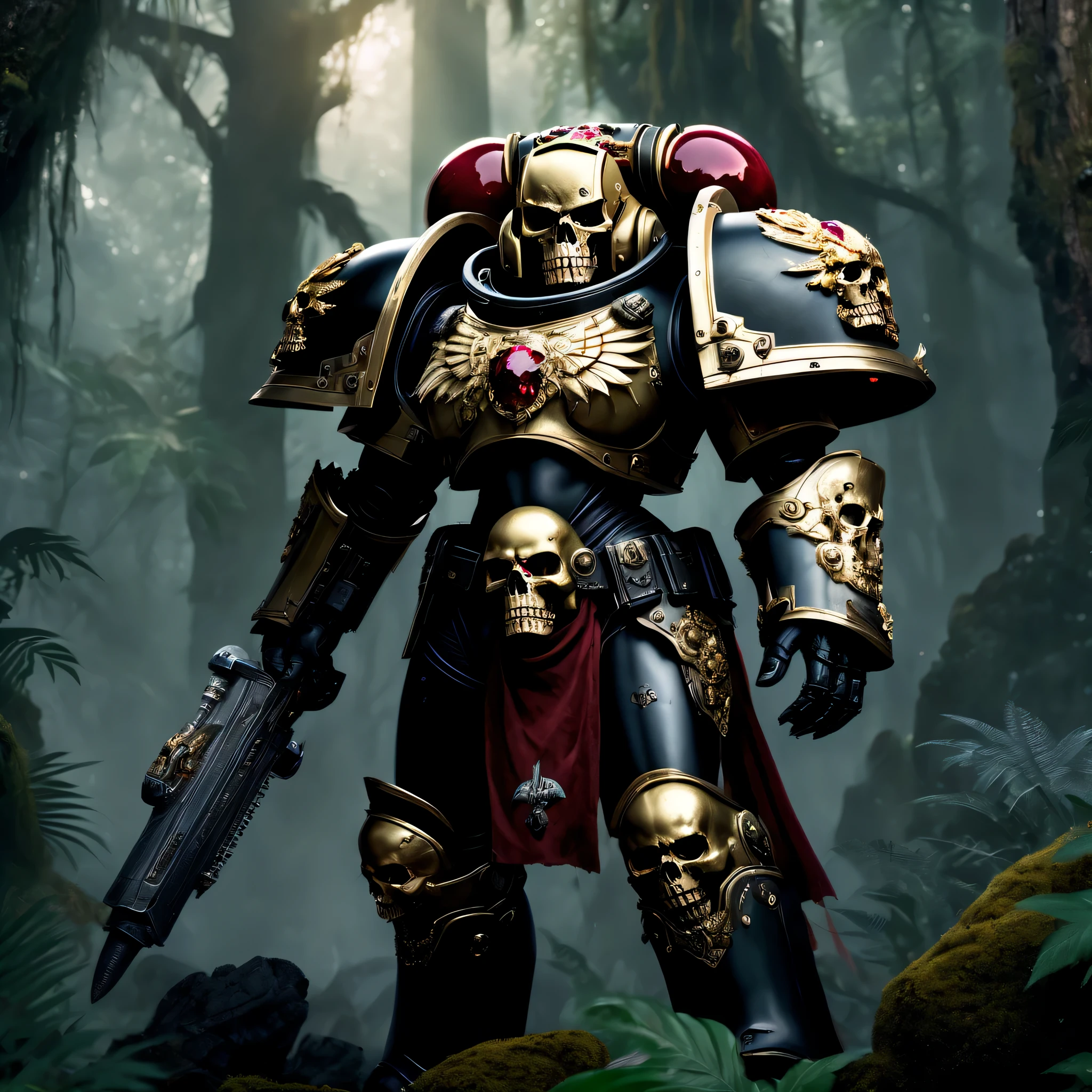 Um feroz Space Marine vestido com intrincados, ornate armor of black and gold ruby stands in a dynamic posture, ready to defend the Empire. The landscape background of the Temperate Forest adds a touch of nature to the scene, while volumetric cinematic lighting highlights every detail of the highly detailed skull on the Marine&#39;s shoulder. This realistic representation captures the essence of Adepta Sororitas, the Sisters of Battle, in all its glory.