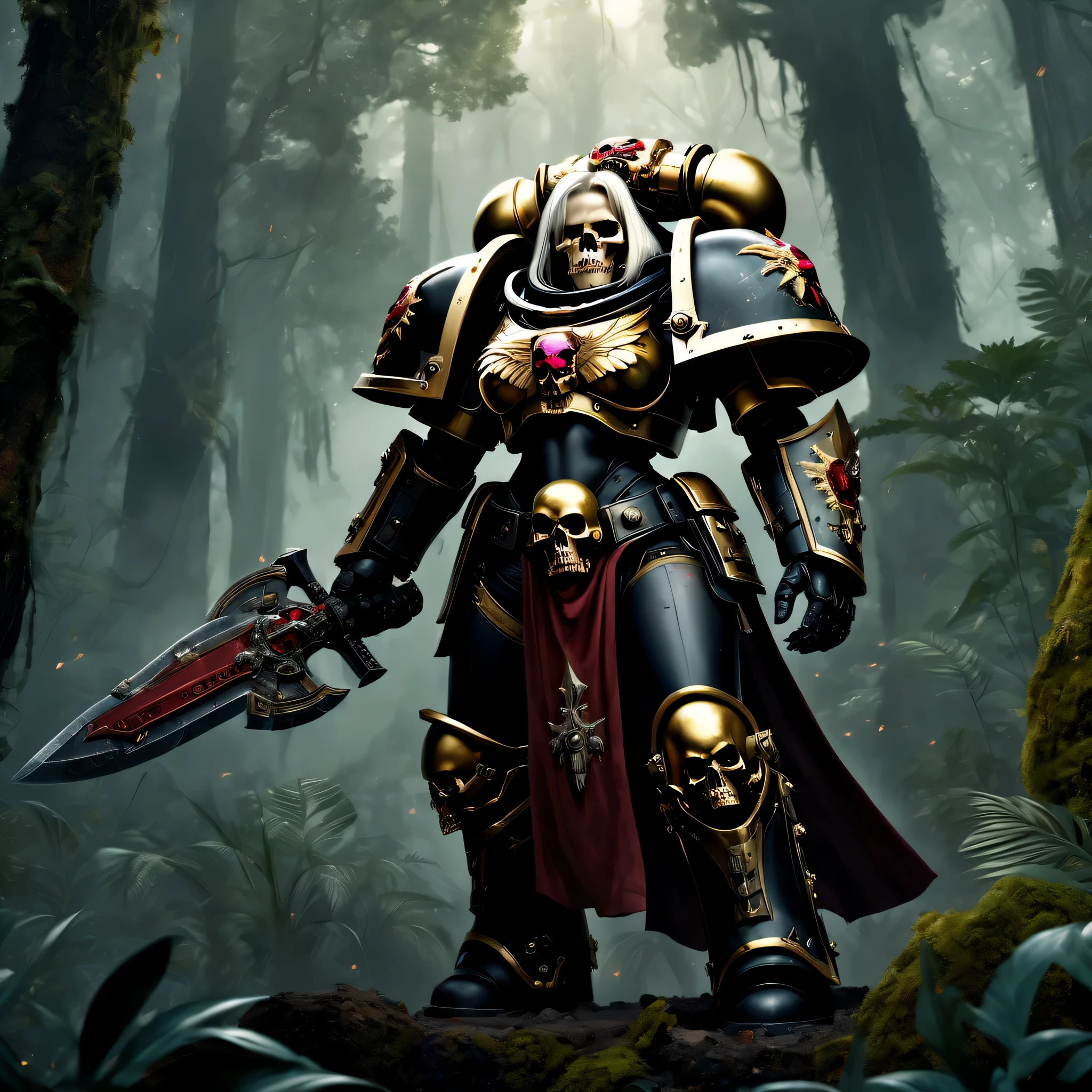 Um feroz Space Marine vestido com intrincados, ornate armor of black and gold ruby stands in a dynamic posture, ready to defend the Empire. The landscape background of the Temperate Forest adds a touch of nature to the scene, while volumetric cinematic lighting highlights every detail of the highly detailed skull on the Marine&#39;s shoulder. This realistic representation captures the essence of Adepta Sororitas, the Sisters of Battle, in all its glory.