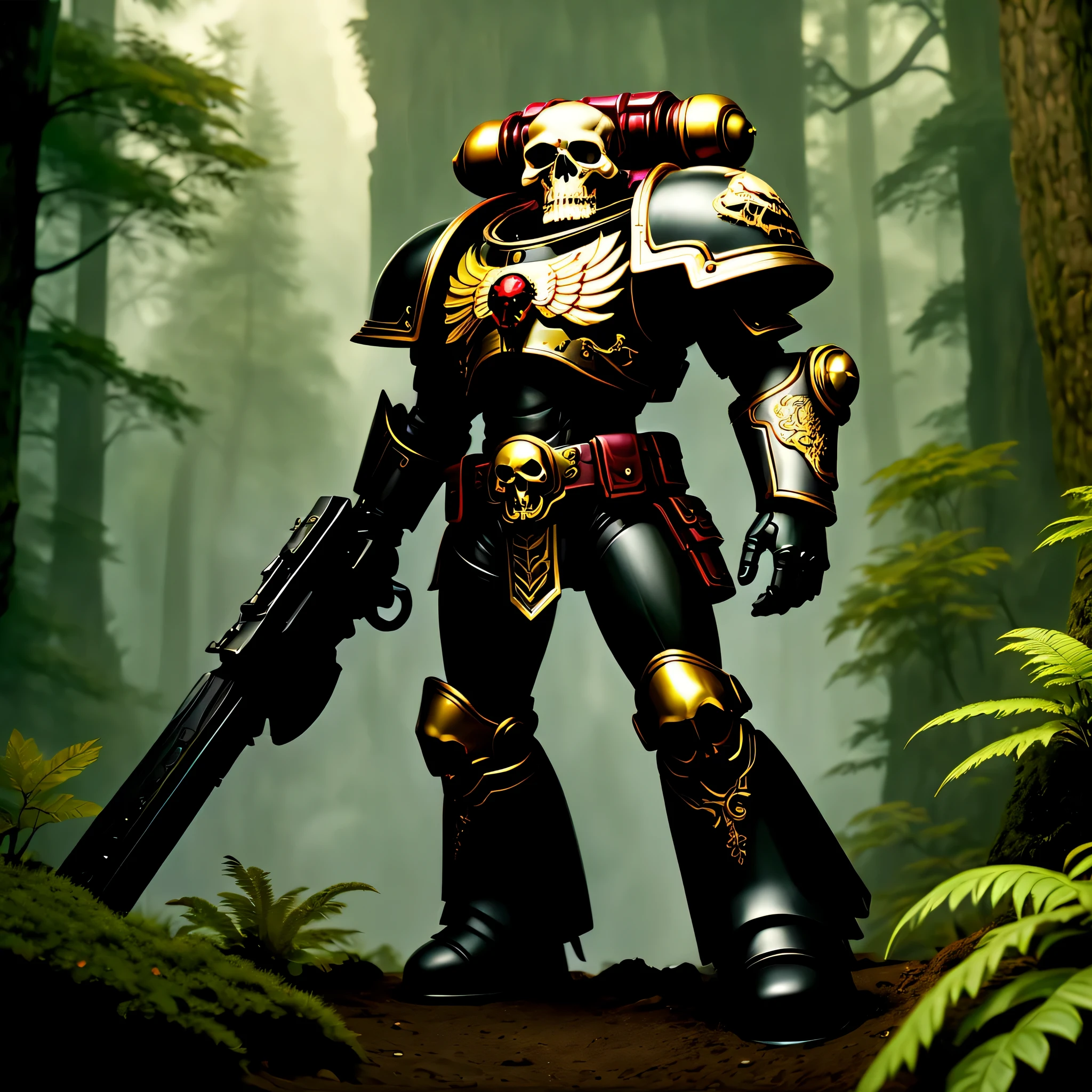 Um feroz Space Marine vestido com intrincados, ornate armor of black and gold ruby stands in a dynamic posture, ready to defend the Empire. The landscape background of the Temperate Forest adds a touch of nature to the scene, while volumetric cinematic lighting highlights every detail of the highly detailed skull on the Marine&#39;s shoulder. This realistic representation captures the essence of Adepta Sororitas, the Sisters of Battle, in all its glory.