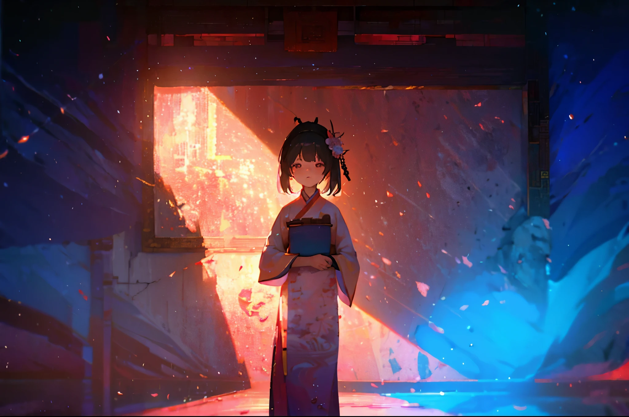 There is a cartoon girl in a dress, China dress, Hanbok apron, chinese costume, Traditional Chinese Costume, Close-up - View, Hanbok, wearing ancient chinese costume, with ancient chinese costume, palace, girl wearing hanfu, white hanfu, China dress, Wearing pink flowers chiton, shadow room, light edge, two-tone lighting, (high detail skin: 1.2), 8K uhd, Digital single-lens reflex camera, soft light, high quality, volume lighting, Sneak Peek, photograph, High resolution, 4K, 8K, background bokeh  