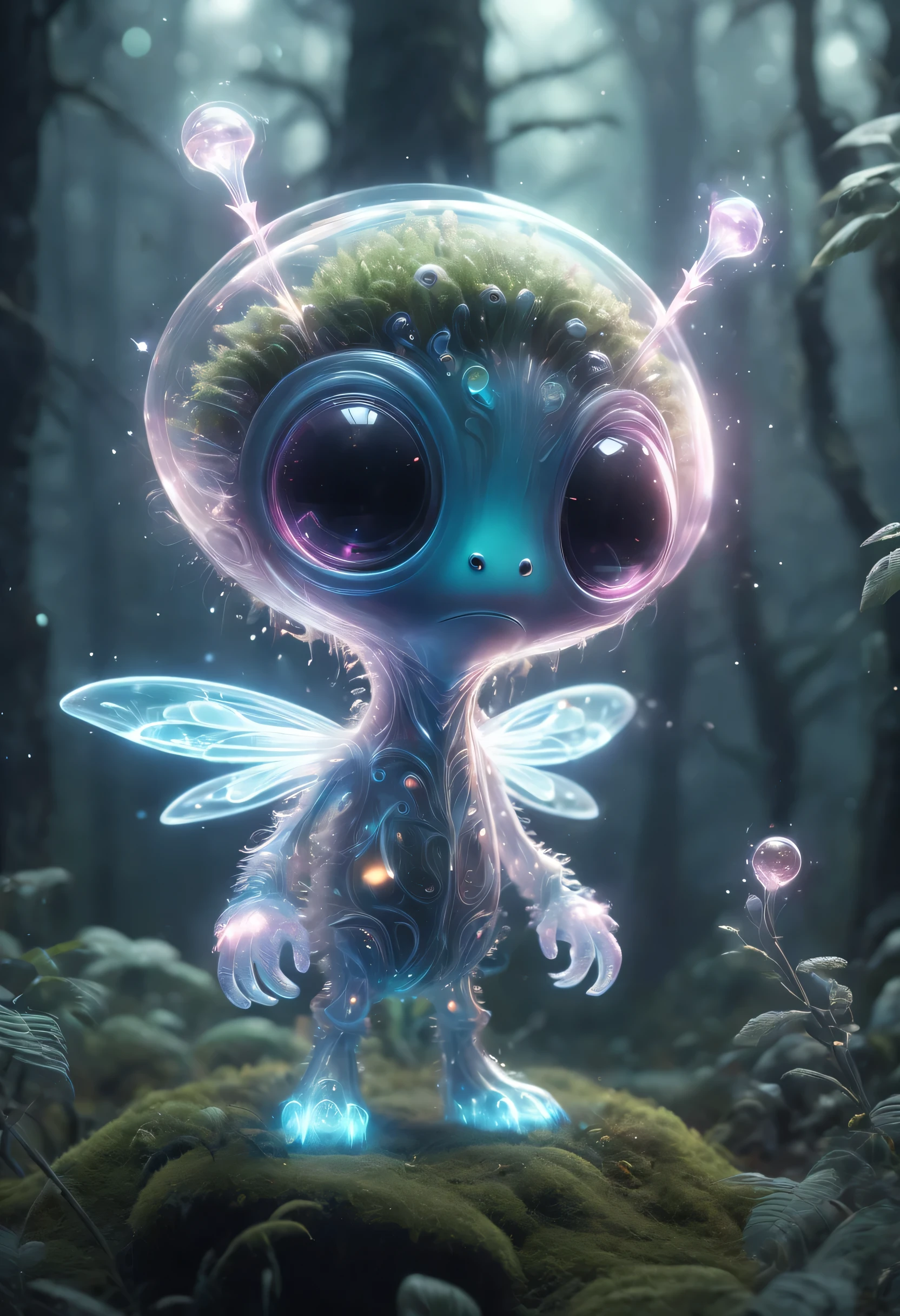 Cute creatures in the alien forest，Ugly alien creatures，super strong radio waves，lightwave，flying in the air，angry，transparent，glowing plants。Magic wand