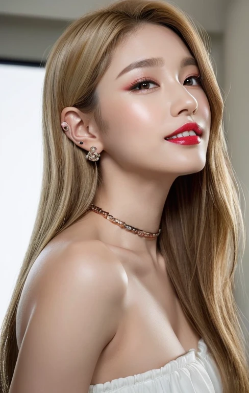 ((Best quality, 8k, Masterpiece :1.3)), Sharp focus :1.2, KPop girl Korean. Rose. Rose. 24 years old. body. slim. thin. Captivating. ((make-up face. lipstick)) long blonde hair.
Strapless Tube Mini Dress)) Also show your ears. In front of the camera. Ear texture. Ear hole details. Realistic. Close-up Shot of Ear. At close range. Shot from the side. In the room_ mix4, 20d, solo, photo-realistic:1.37,red lips、big smile with theeth, ear piercing, chocker