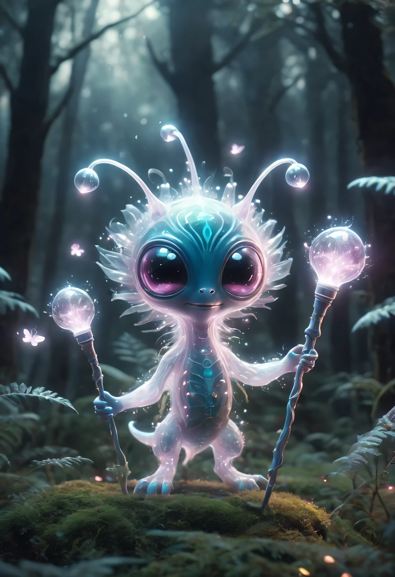 Cute creatures in the alien forest，Ugly alien creatures，super strong radio waves，lightwave，flying in the air，angry，transparent，glowing plants。Magic wand