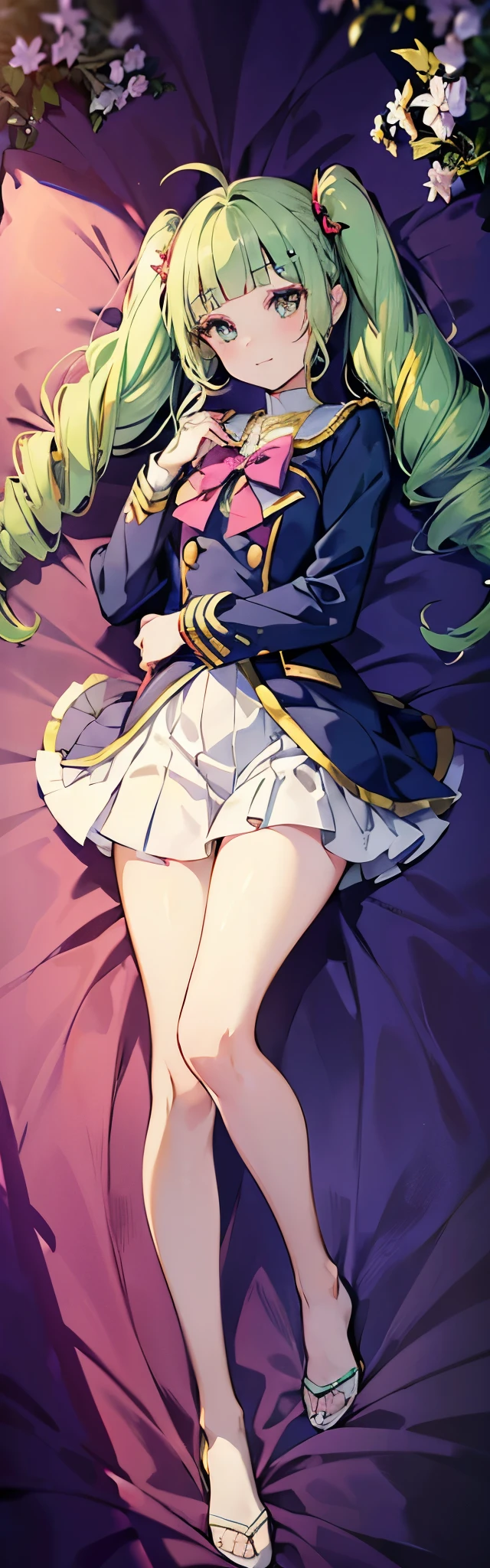 ((anime girl)),((official art)),(((Yurika Todo))),((Aikatsu!)), smile, butterfly hair ornaments, butterfly earrings, green beautiful eyes, red nails, (masterpiece, highest quality, highest quality, official art, beautiful and aesthetic: 1.2), ((Light green hair, twin drill,high short twintail)),(((((blunt bangs))))),4K, hyper hd, white skin,(((starlight school uniform,Marching Band))), baroque,elegant, Smooth anime CG art, movie lighting, vampire, bat wings, lure,(full body,dakimakura illumination,on the bed、On your back、lying down、beautiful girl)