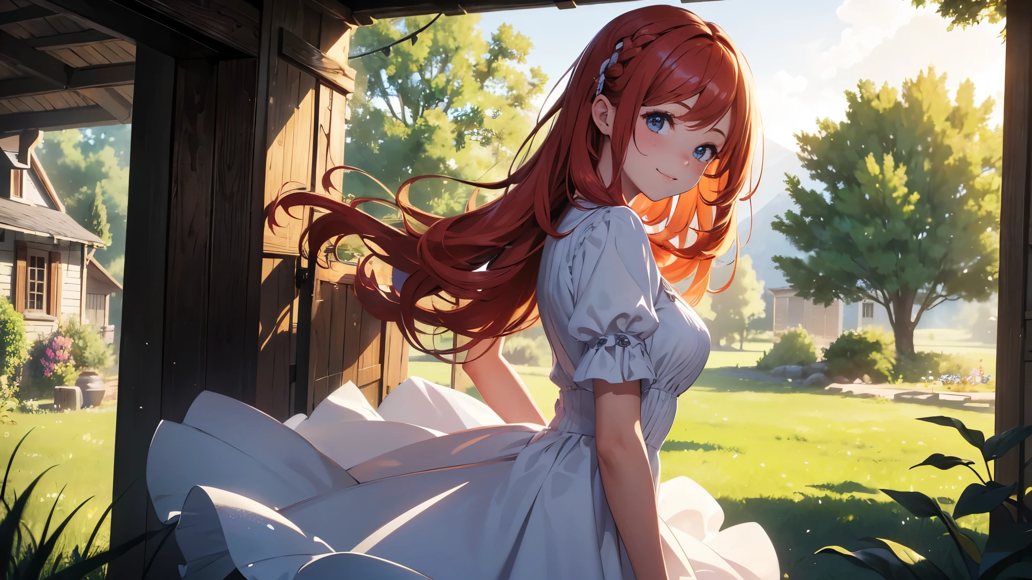 ((masterpiece,best quality,ultra detailed,ultra high res,detailed country yard background)), soft realistic focus, dynamic shadows, realistic image, vibrant colors,light leaks,dreamy atmosphere,chiaroscuro,BREAK
experimental charm, The girl is depicted in full growth, you see the girl from head to toe, nostalgic appeal, country girlfriend, she take you with yourself, simple open short dress, soft mischievous smile, freckles, shiny light red hair, she will take your hand, thick braids
