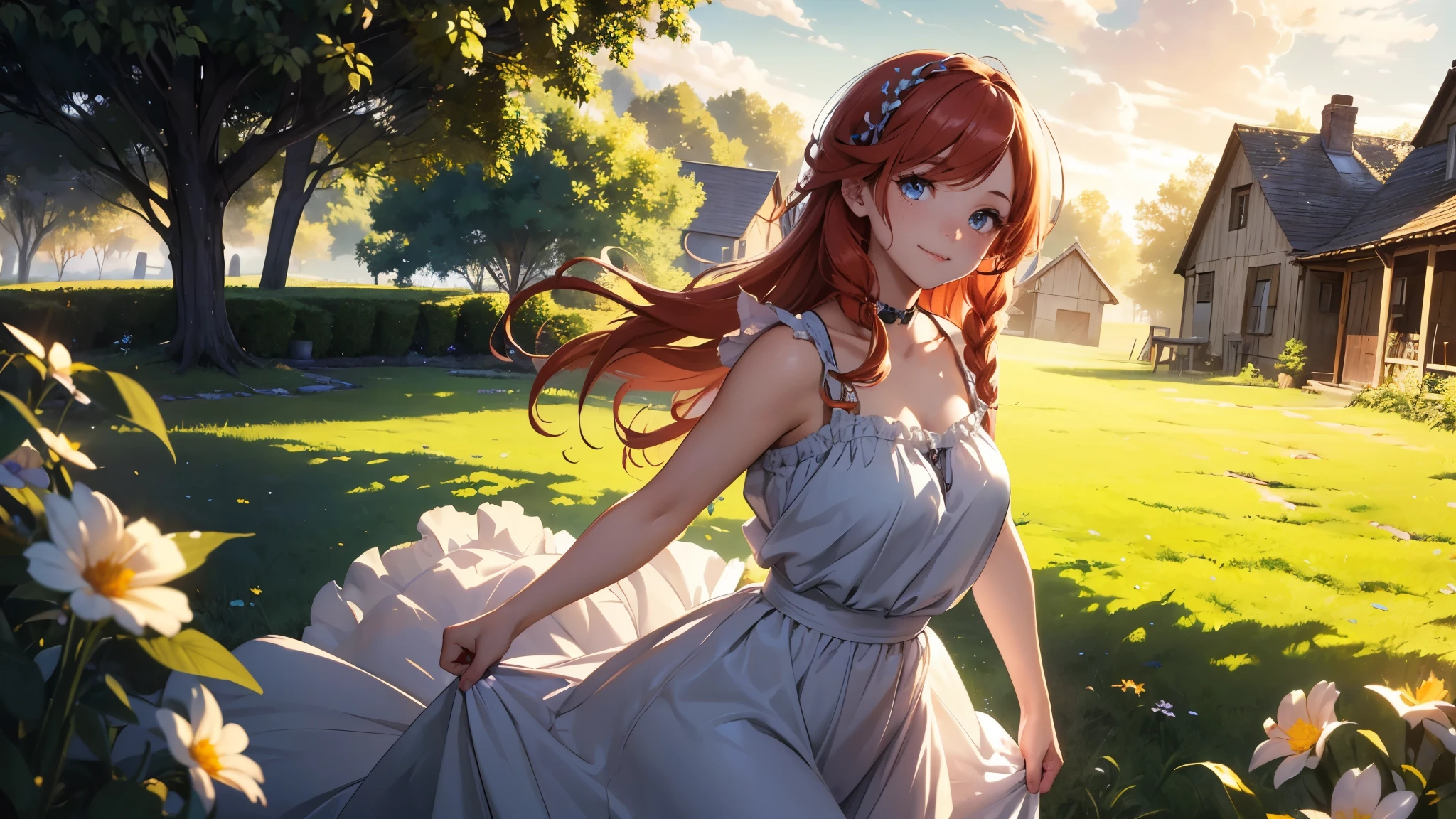 ((masterpiece,best quality,ultra detailed,ultra high res,detailed country yard background)), soft realistic focus, dynamic shadows, realistic image, vibrant colors,light leaks,dreamy atmosphere,chiaroscuro,BREAK
experimental charm, The girl is depicted in full growth, you see the girl from head to toe, nostalgic appeal, country girlfriend, she take you with yourself, simple open short dress, soft mischievous smile, freckles, shiny light red hair, she will take your hand, thick braids, girl dancing for you