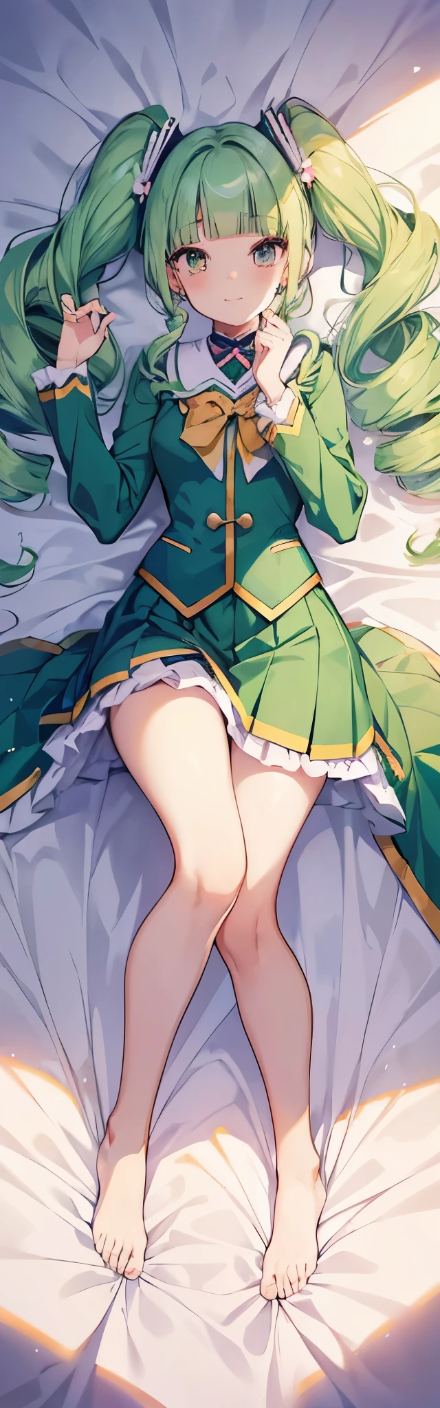 ((anime girl)),((official art)),(((Yurika Todo))),((Aikatsu!)), smile, butterfly hair ornaments, butterfly earrings, green beautiful eyes, red nails, (masterpiece, highest quality, highest quality, official art, beautiful and aesthetic: 1.2), ((Light green hair, twin drill,high short twintail)),(((((blunt bangs))))),4K, hyper hd, white skin,(((starlight school uniform,Marching Band))), baroque,elegant, Smooth anime CG art, movie lighting, vampire, bat wings, lure,(full body,dakimakura illumination,on the bed、On your back、lying down、beautiful girl)