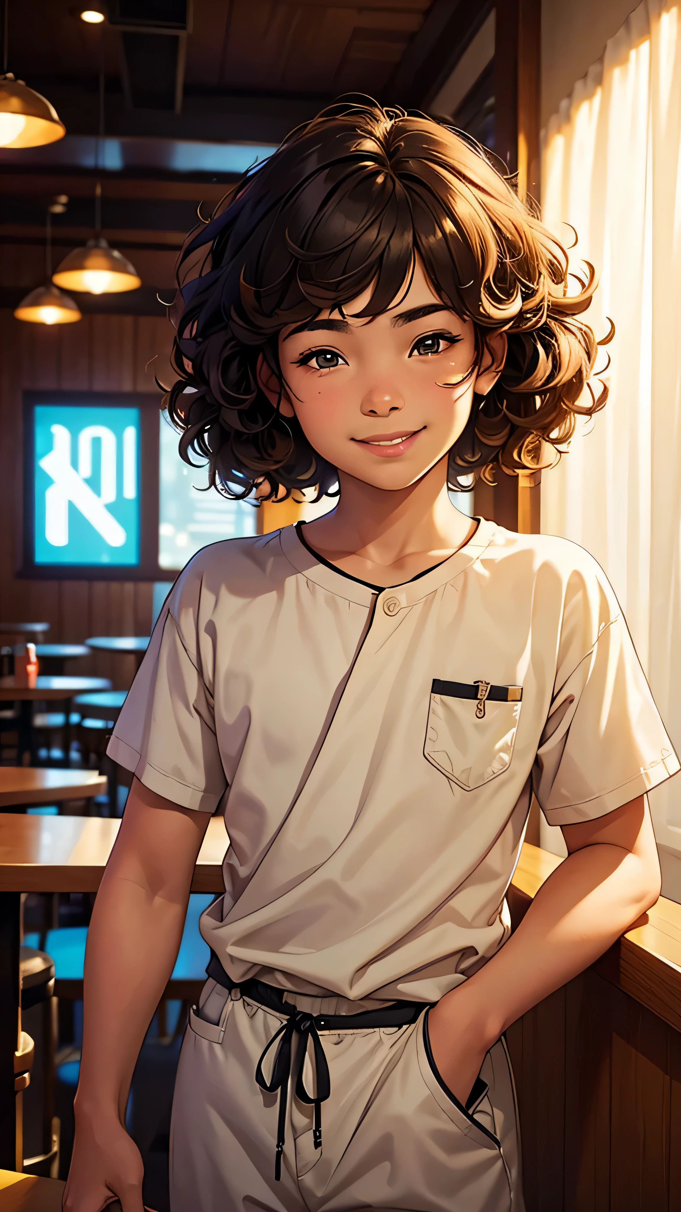 "10-year-old smiling boy kid in hotel coffee shop,cinematic,morning sunlight,expressive eyes,curly hair,smilingexpression,vibrant colors,bokeh,soft lighting,artistic rendering,detaiented,playful atmosphere,realistic textures"