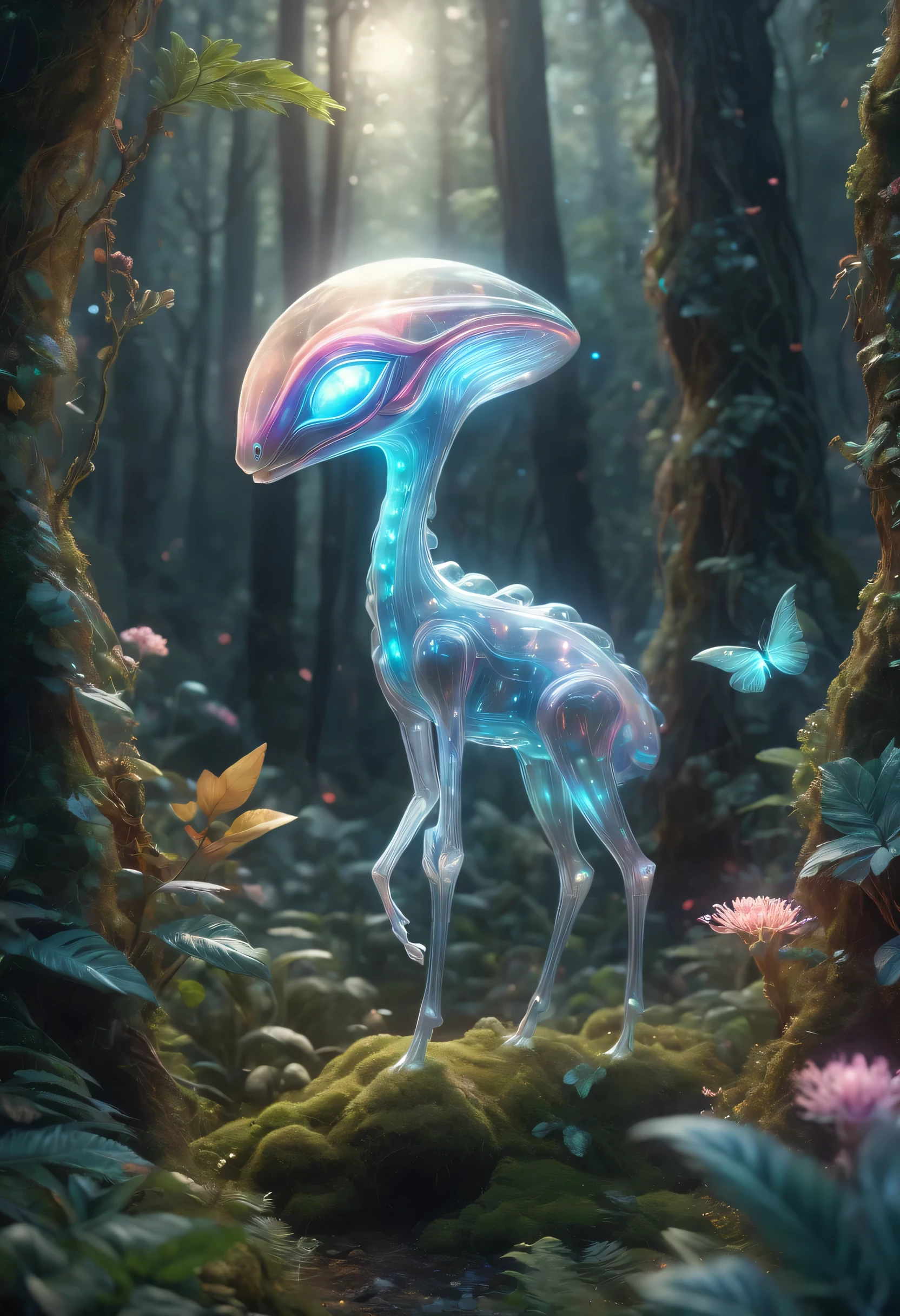 (best quality,4K,8k,high resolution,masterpiece:1.2),Super detailed,(actual,photoactual,photo-actual:1.37),alien forest,cute creature,可怕的alien creatures, powerful electromagnetic waves, lightwave, air flight, angry, transparent, long legs, glowing plants, Magic wand, fantasy landscape, bright colors, Glowing atmosphere, Whimsical creatures, otherworldly flora, charming scenery, mysterious aura, enchanted surroundings, alien creatures, mesmerizing charm, Ethereal atmosphere, suractual elements, cosmic energy, Fantasy realm, fantastic environment, surreal creature, EnchantingForest, imaginary world, magical terrain, Whimsical plants, mood lighting, vibrant leaves, Ethereal presence, otherworldly light, Fascinating details, Complex textures, radiant colors