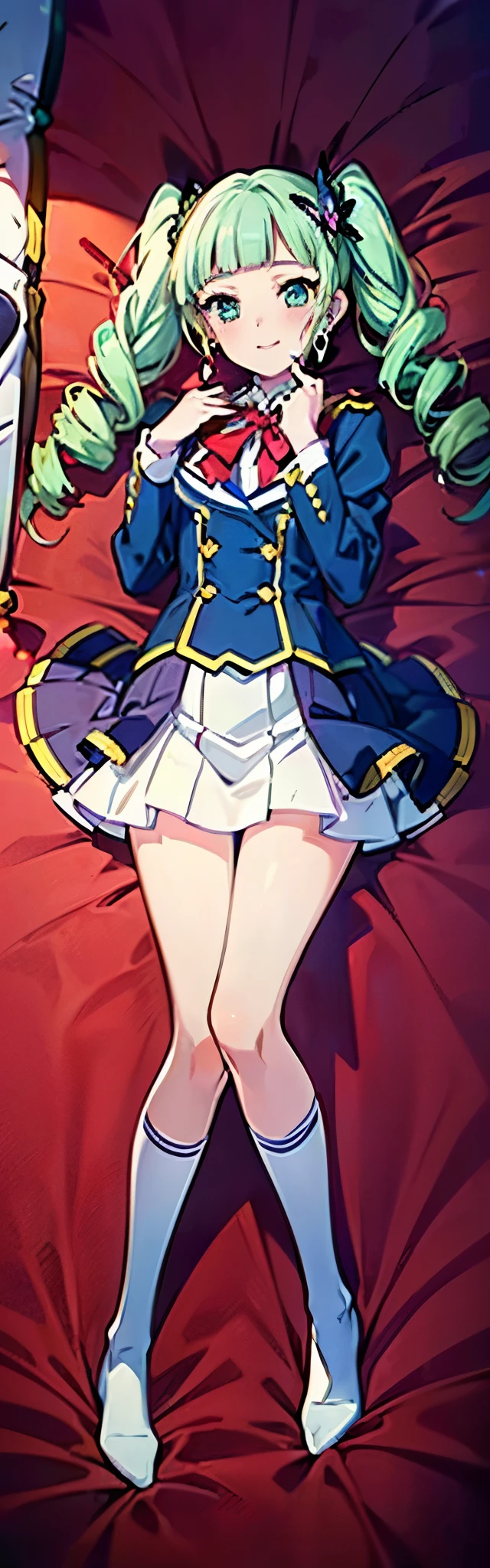 ((anime girl)),((official art)),(((Yurika Todo))),((Aikatsu!)), smile, butterfly hair ornaments, butterfly earrings, green beautiful eyes, red nails, (masterpiece, highest quality, highest quality, official art, beautiful and aesthetic: 1.2), ((Light green hair, twin drill,high short twintail)),(((((blunt bangs))))),4K, hyper hd, white skin,(((starlight school uniform,Marching Band))), baroque,elegant, Smooth anime CG art, movie lighting, vampire, bat wings, lure,(full body,dakimakura  illumination,on the bed、On your back、lying down、beautiful girl)