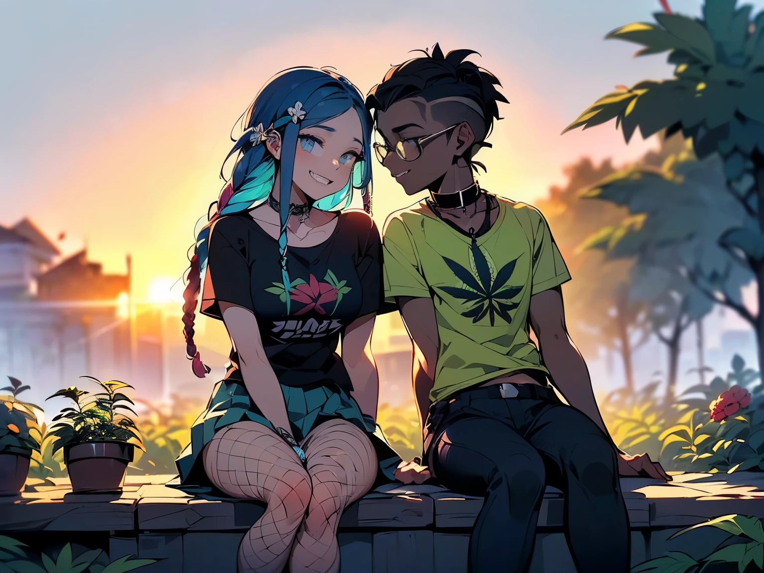 Photo of two people in love spending a quiet morning together, {((joyful ((lithe short ((dark-skinned Honduran)) punk girl with long freeform braided locs hairstyle and hairy legs)) (wearing cropped punk T-shirt and pleated skirt with fishnet stockings), plump thighs and soft big jiggly butt, (wearing diamond choker necklace), (cannabis flower tattoos on arms and legs), plump legs spread apart}, girl  sitting next to a ((cheerful tanned Haitian Dominican boy with long braided hair and glasses wearing colorful shirt with black jeans)) in middle of garden rolling up herbal joint while peacefully observing the sunrise, high quality photo, sitting quietly (with many cannabis sativa plants and juniper shrubs in garden during foggy sunrise)