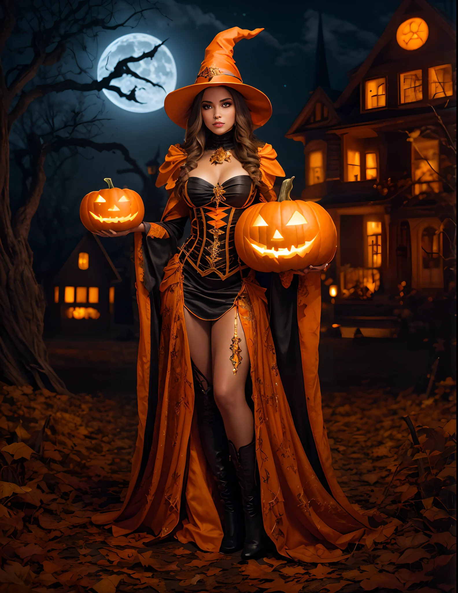 a beautiful woman, wearing wizard suit, halloween ambiance, masterpiece, best quality, high quality, extremely detailed, Halloween, moonlit night, holding a jack-o-lantern, anatomy correct,3d