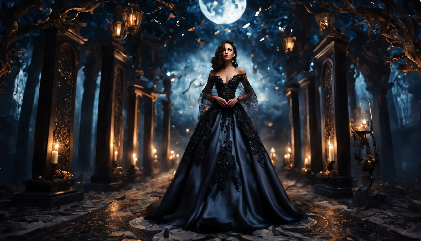 "((Uma bruxa ((), (27 anos), de corpo inteiro), captivating and mysterious with a charming presence)), que exala uma aura de encantamento. Do it with intricate details, a mixture of elegance and darkness. Destaque seus olhos intensos, embellished with a touch of mystical Red. Leave her flowing dress, embellished with black details that add an extra touch of elegance. Surround her with shards of ethereal magic and a moonlit night sky backdrop. Creates a sense of intrigue and fascination, with shadows and reflections dancing in the moonlight."