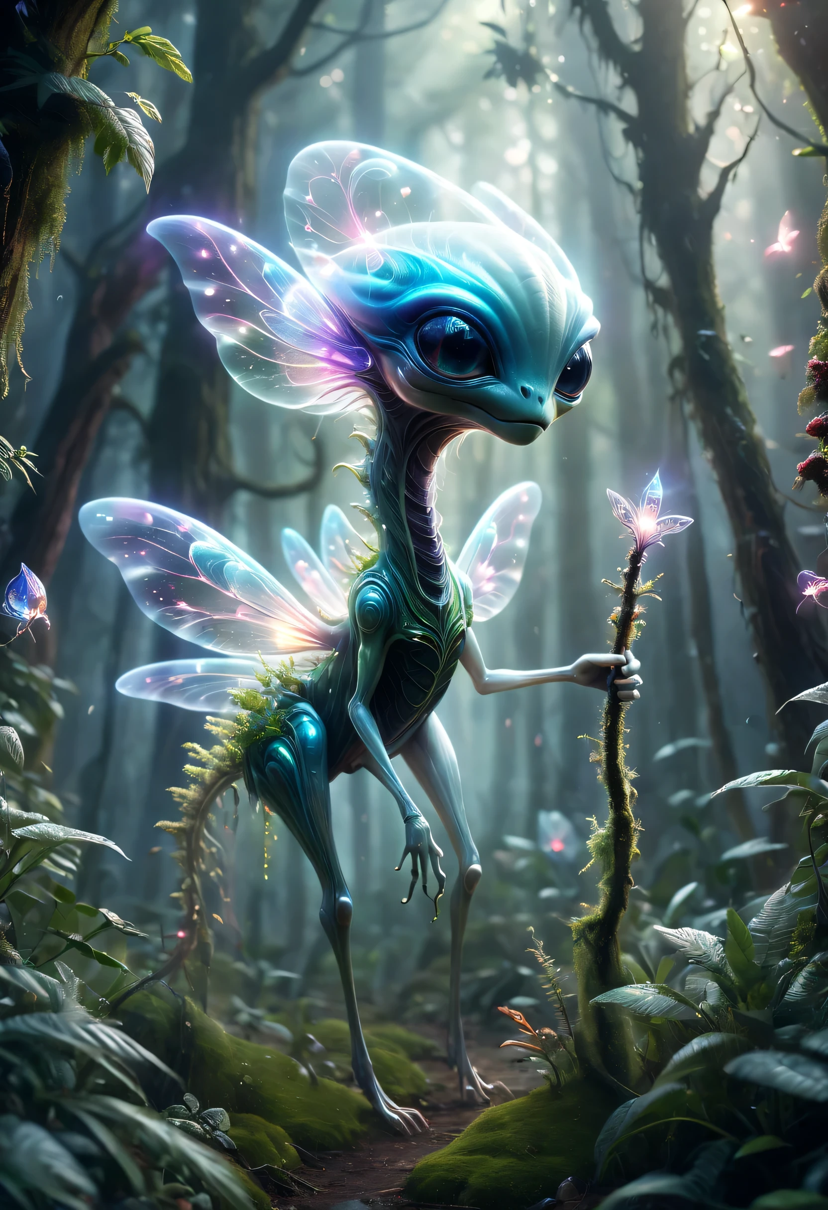 (best quality,4K,8k,high resolution,masterpiece:1.2),Super detailed,(actual,photoactual,photo-actual:1.37),alien forest,cute creature,可怕的alien creatures, powerful electromagnetic waves, lightwave, air flight, angry, transparent, long legs, glowing plants, Magic wand, fantasy landscape, bright colors, Glowing atmosphere, Whimsical creatures, otherworldly flora, charming scenery, mysterious aura, enchanted surroundings, alien creatures, mesmerizing charm, Ethereal atmosphere, suractual elements, cosmic energy, Fantasy realm, fantastic environment, surreal creature, EnchantingForest, imaginary world, magical terrain, Whimsical plants, mood lighting, vibrant leaves, Ethereal presence, otherworldly light, Fascinating details, Complex textures, radiant colors