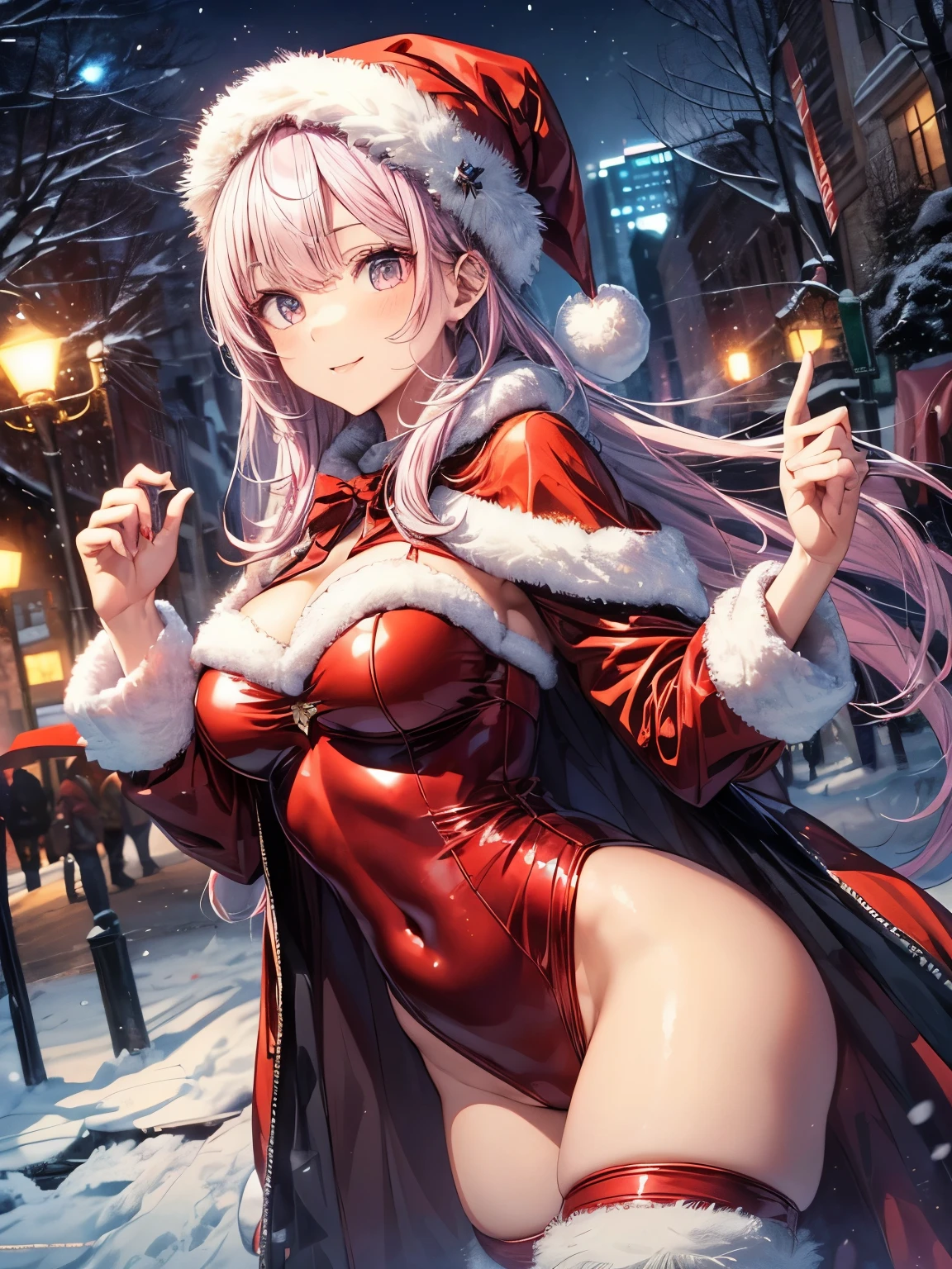 highest quality、All limbs、full finger、Slender beauty、straight hair woman、((Woman with pink hair))、medium hair woman、(Beautiful busty woman:1.3)、santa claus costume、(red santa claus leotard)、Red Santa Claus Hat、red santa claus cloak、brown pantyhose、 Street trees at night、Christmas tree、Christmas illumination、winter scenery、big smile、naughty pose