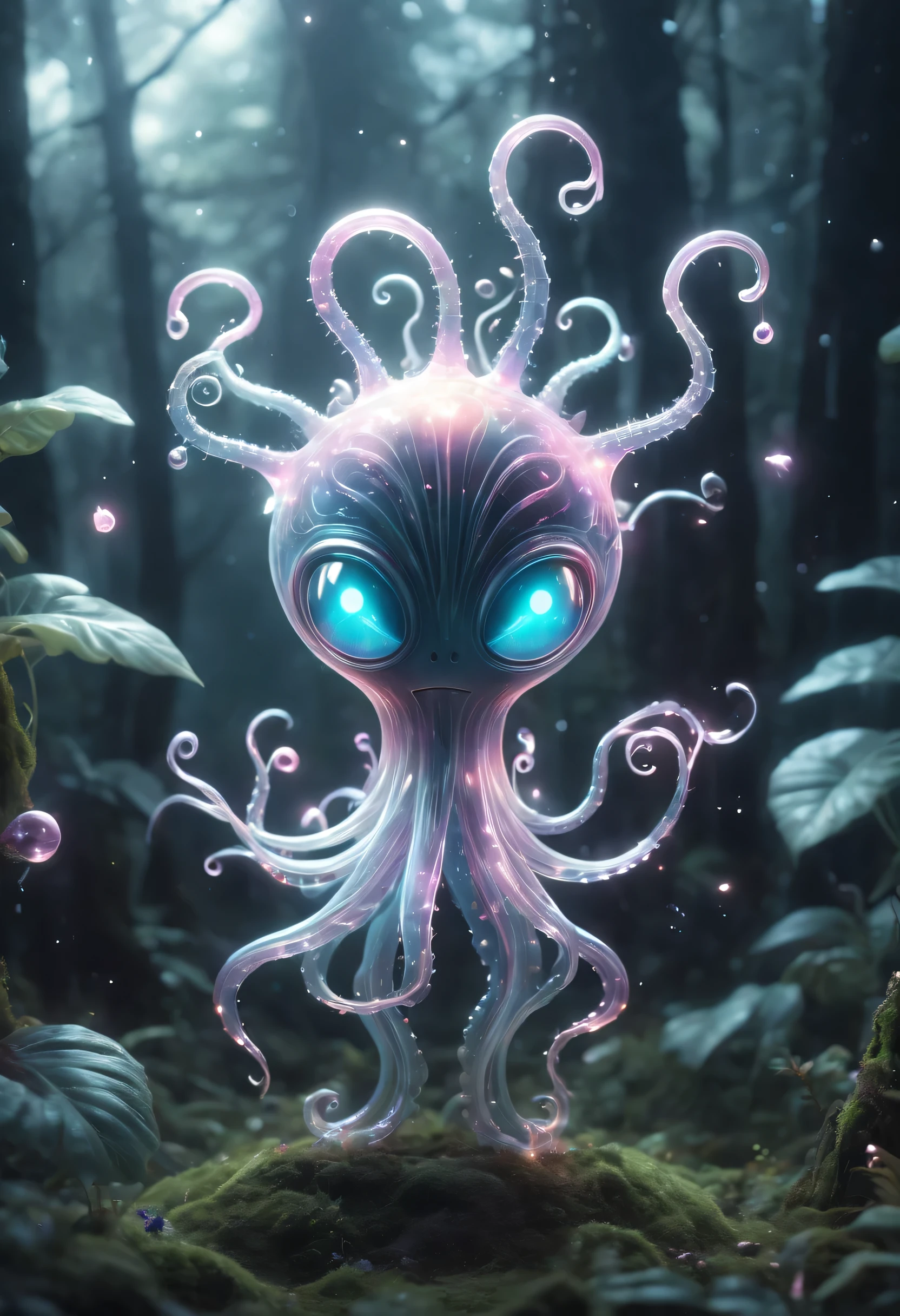 Cute creatures in the alien forest,Ugly alien creatures,There are long tentacles on the big head,super strong radio waves,lightwave,flying in the air,angry,transparent,glowing plants。Magic wand