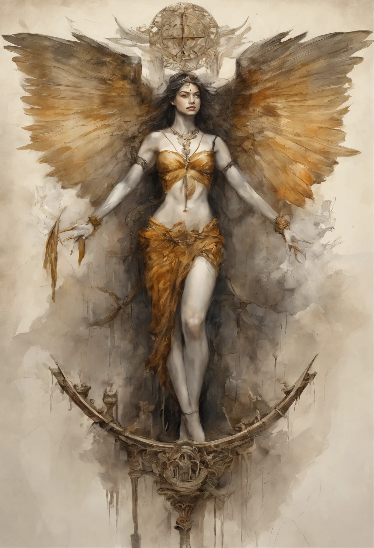 Design me a {Colossal Masterpiece, realistic oil painting, best quality, by Gustave Moreau}, dramatic portrait of a elven Garuda, elven ears, yellow jaundiced skin, chiaroscuro, iridescent, holographic, displaying multicolor wings, reclined on a jungle temple floor.
