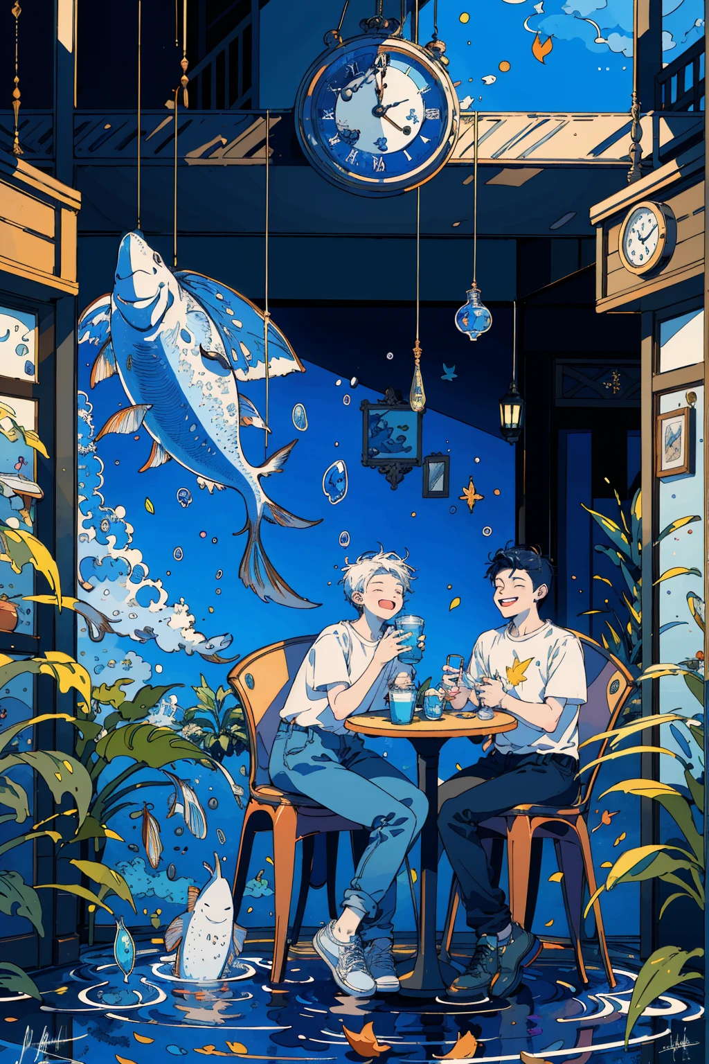 (masterpiece:1.2), best quality,PIXIV, 
fairy tale style, multiple men, 2 man, clock, short sleeves, sitting, closed eyes, chair, plant, cup, shoes, table, shirt, open mouth, water, fish, signature, bubble, pants, wide shot, leaf, white shirt, smile
 