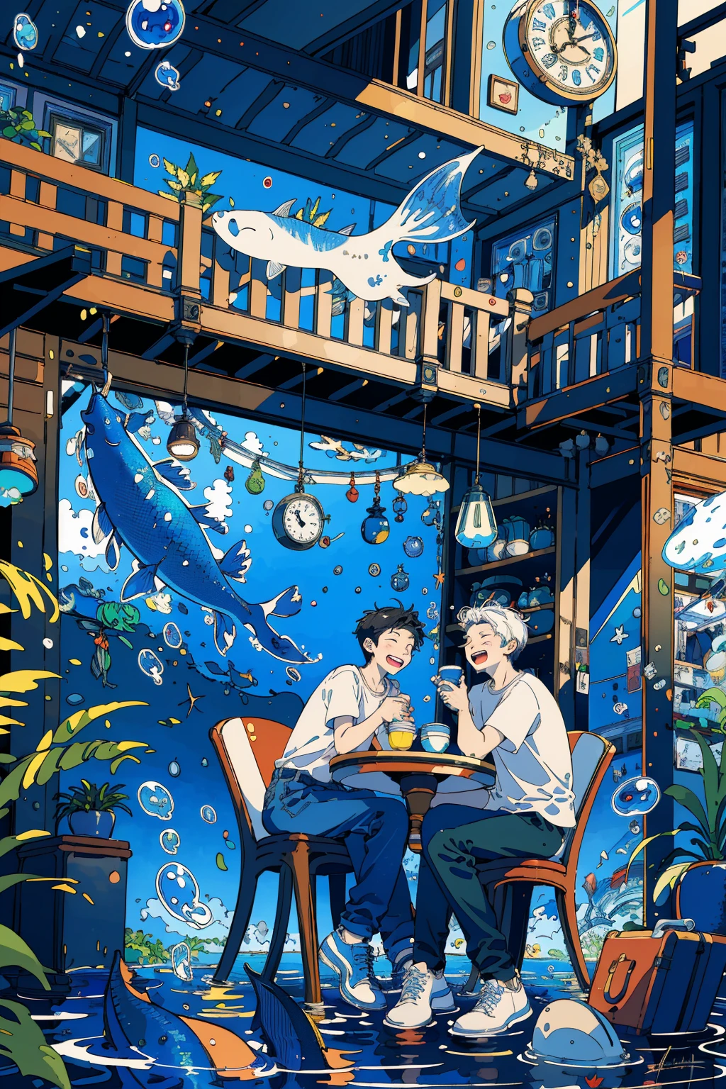 (masterpiece:1.2), best quality,PIXIV, 
fairy tale style, multiple men, 2 man, clock, short sleeves, sitting, closed eyes, chair, plant, cup, shoes, table, shirt, open mouth, water, fish, signature, bubble, pants, wide shot, leaf, white shirt, smile
 