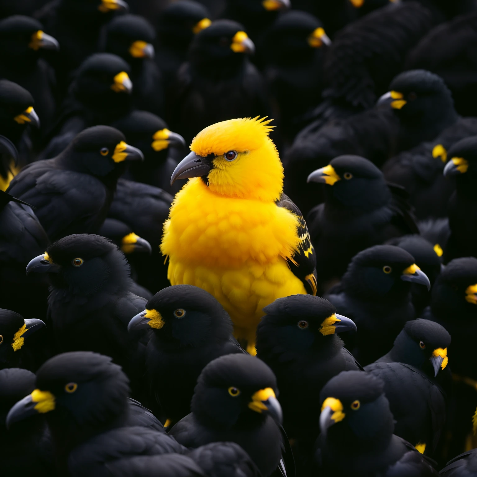 there is a yellow bird standing among a group of black birds, surrounded, sentient bird, the man stands out on the image, crowded, black and yellow colors, in front of a large crowd, with a yellow beak, surreal black and yellow, below is the crowd, a surrealistic bird, yellow and black