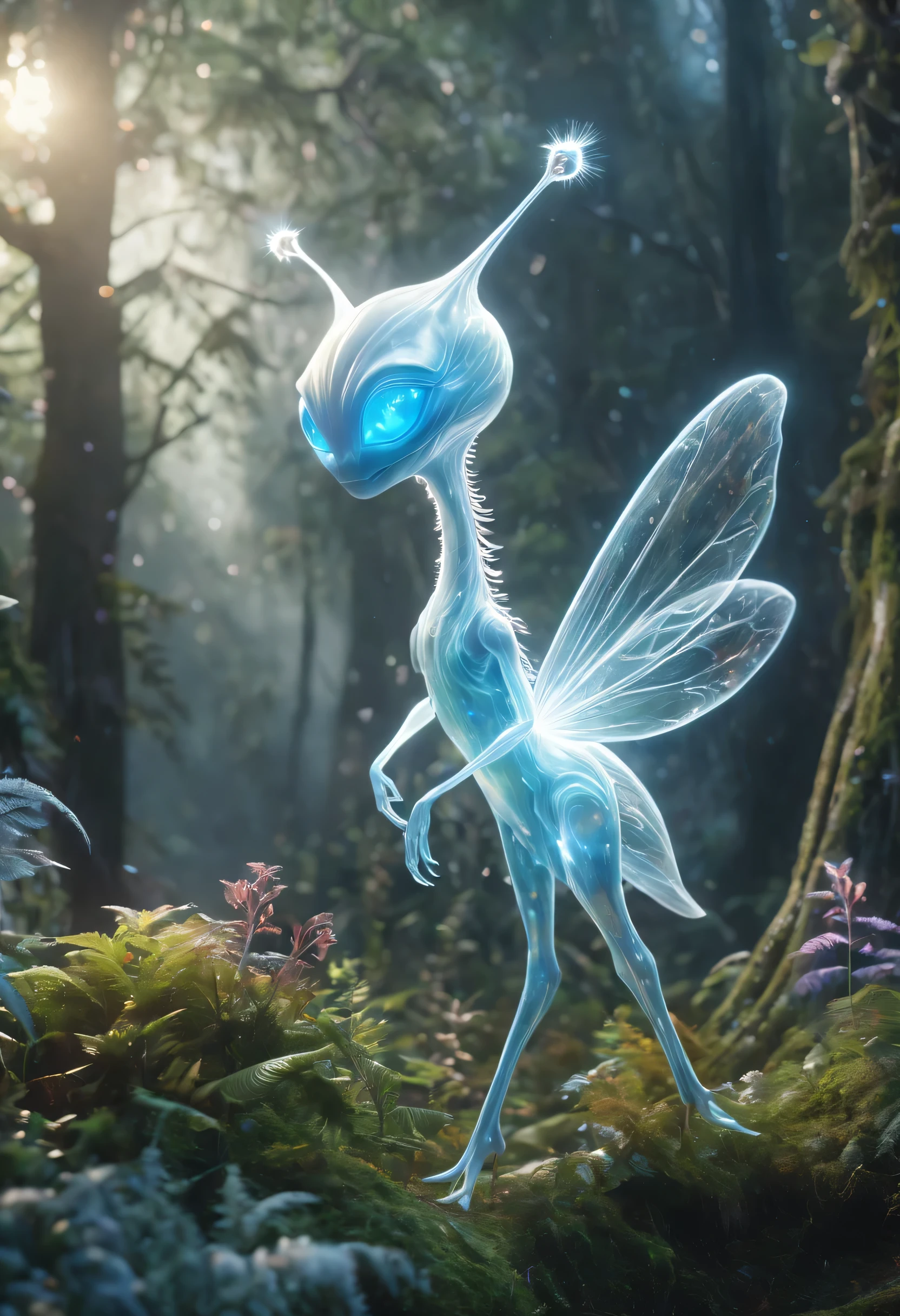 (best quality,4K,8k,high resolution,masterpiece:1.2),Super detailed,(actual,photoactual,photo-actual:1.37),alien forest,cute creature,可怕的alien creatures, powerful electromagnetic waves, lightwave, air flight, angry, transparent, long legs, glowing plants, Magic wand, fantasy landscape, bright colors, Glowing atmosphere, Whimsical creatures, otherworldly flora, charming scenery, mysterious aura, enchanted surroundings, alien creatures, mesmerizing charm, Ethereal atmosphere, suractual elements, cosmic energy, Fantasy realm, fantastic environment, surreal creature, EnchantingForest, imaginary world, magical terrain, Whimsical plants, mood lighting, vibrant leaves, Ethereal presence, otherworldly light, Fascinating details, Complex textures, radiant colors