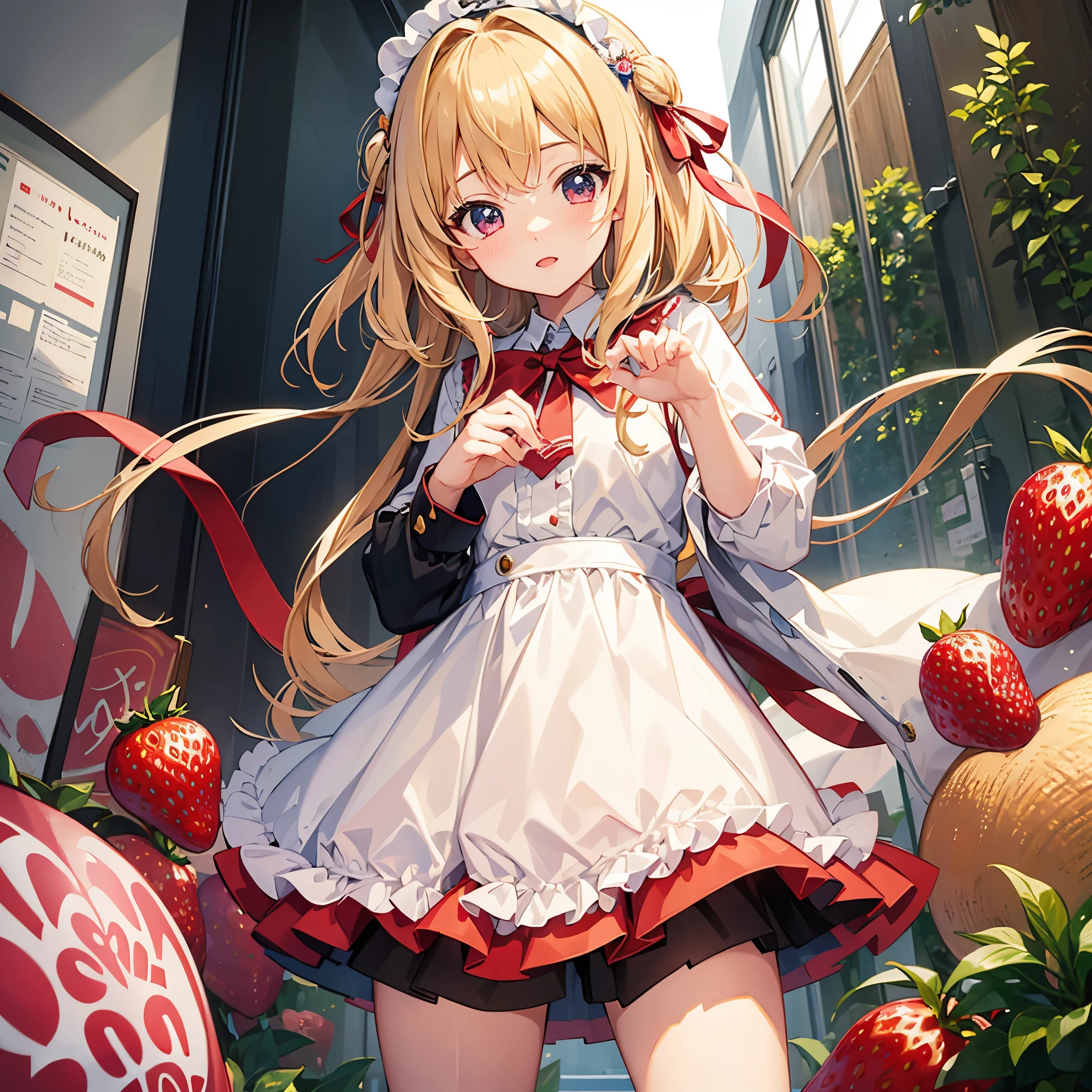 masterpiece,girl(Strawberry 100%Tsukasa Nishino)shy,blonde hair,uniform with ribbon,mini skirt