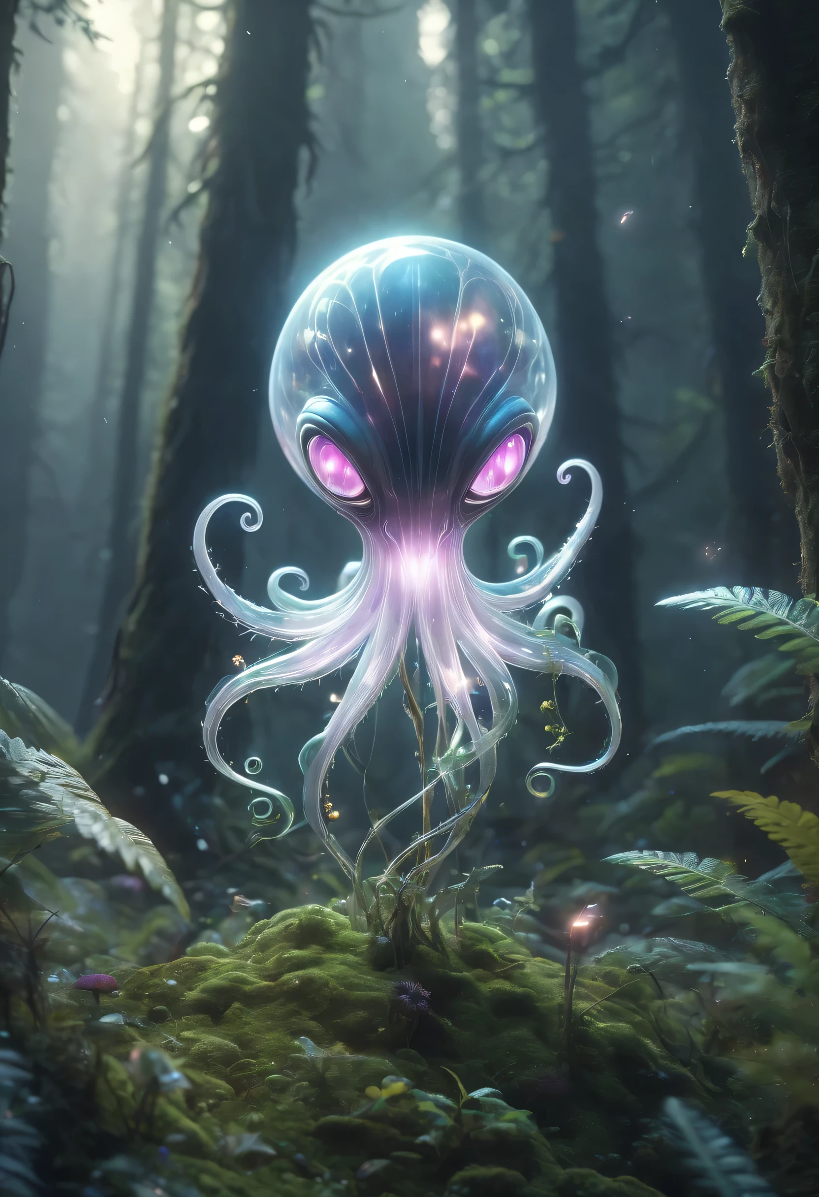 (best quality,4K,8k,high resolution,masterpiece:1.2),Super detailed,actual:1.37,biology,cute alien biology,ugly alien biology,alien forest,large-headed biology with long tentacles,high energy electromagnetic waves,beam,airborne,angry,transparent,glowing plants,Glowing magic wand