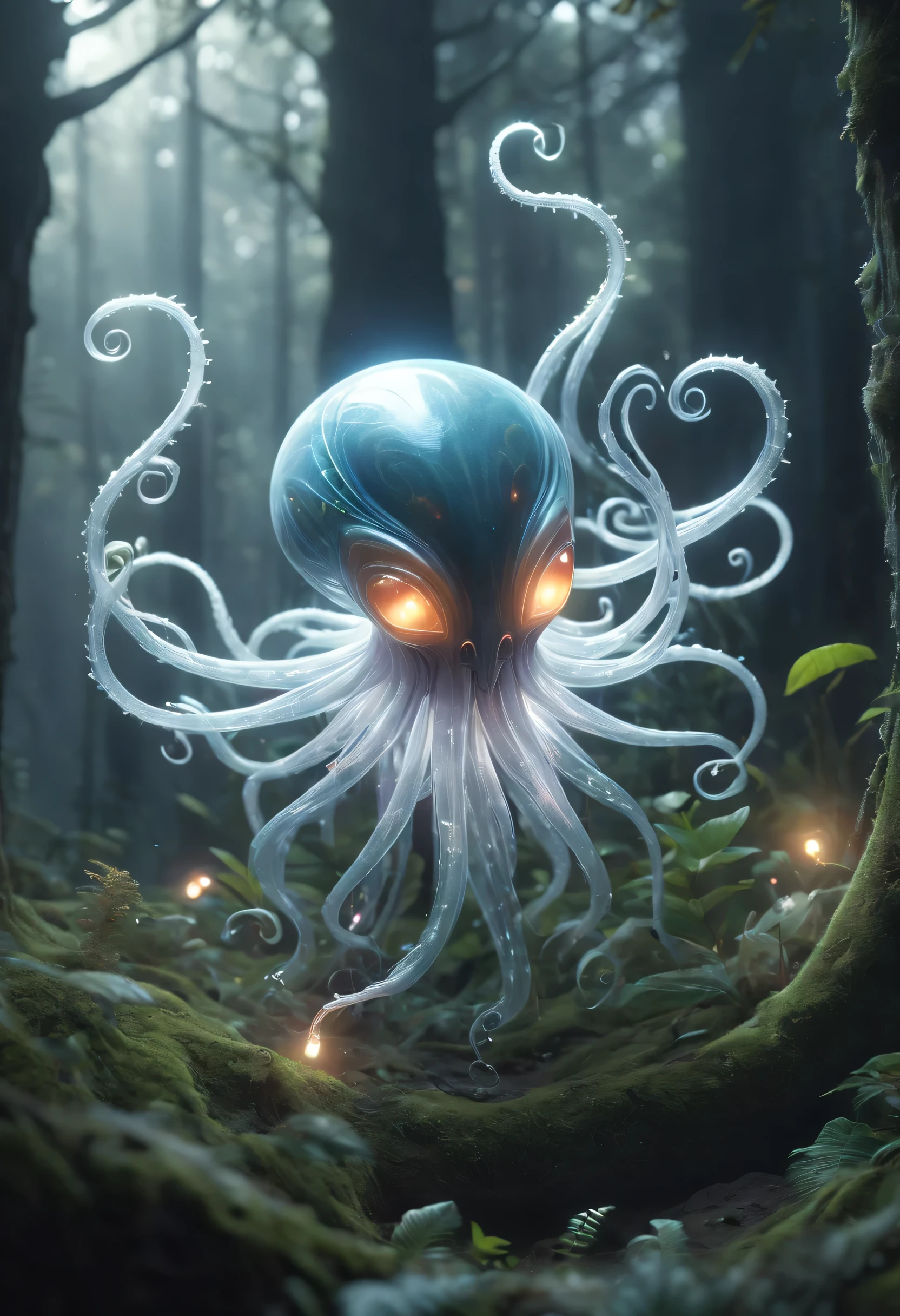 (best quality,4K,8k,high resolution,masterpiece:1.2),Super detailed,actual:1.37,biology,cute alien biology,ugly alien biology,alien forest,large-headed biology with long tentacles,high energy electromagnetic waves,beam,airborne,angry,transparent,glowing plants,Glowing magic wand