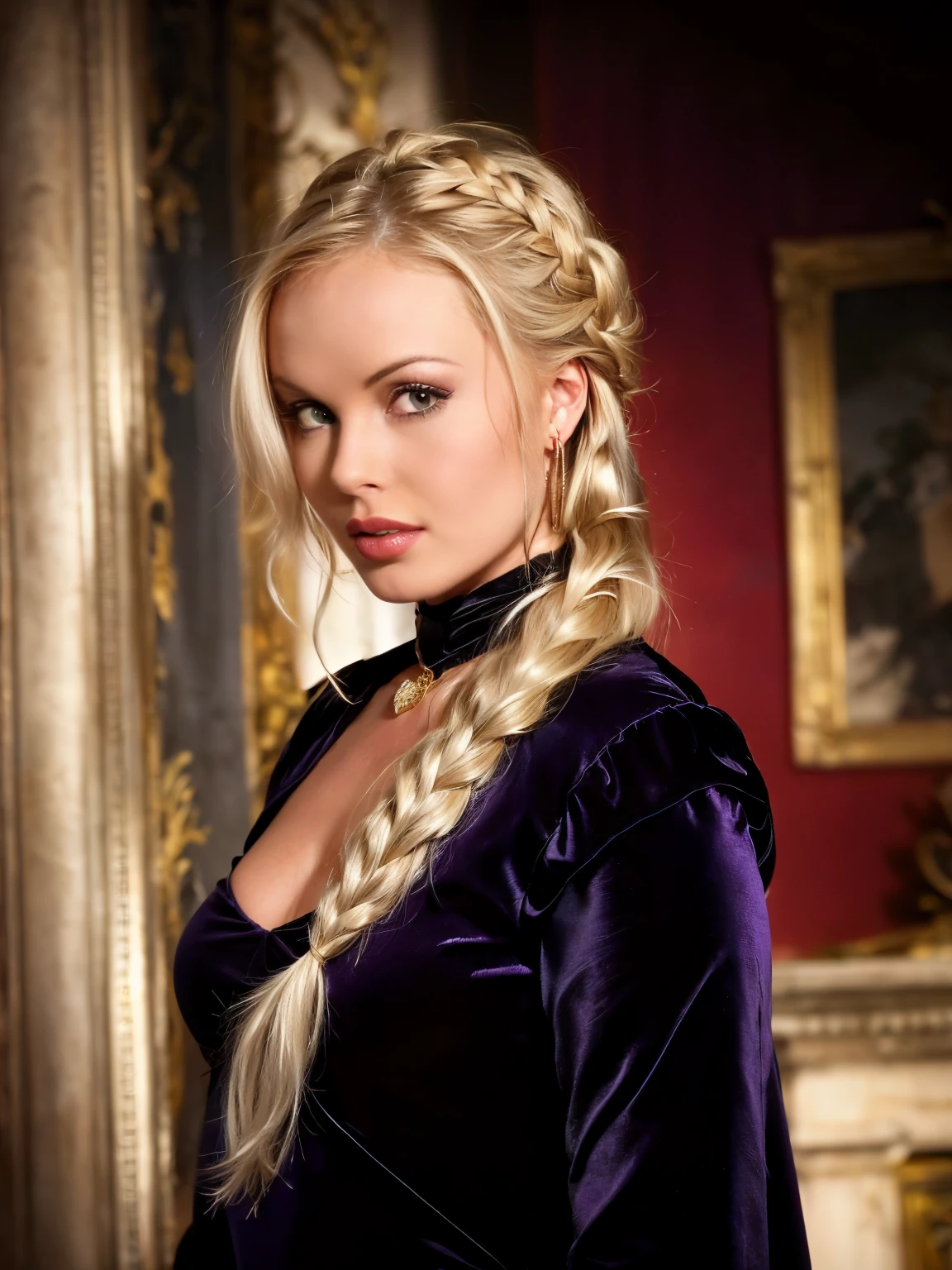  hyper-realistic. Selfie Photo. that employs the shallow depth of field technique to highlight a nordic girl at ((night in Paris)) setting, (((under the moonlight))). Sylvia Saint face, Game of thrones theme , ((1 girl, solo, lonly,)) ((portrait in front a medieval castle)) . ((White Hair)) , (((50 years old))), old woman, (((she had silver hair in long, thick braids))) , pearls and rubies in her hair, purple eyes, pale and delicate skin, height and slenderness. She wore dresses of silk, (((wearing a elegant dark blue medieval dress, veludo)), velvet and brocade, in blue, green and silver, gold and silver jewelry with precious stones, a golden diadem with a three-headed Dragon. The girl should be the focal point, with crisp clarity, while the background should be gently blurred to create a bokeh effect. should be visible but blurred, adding depth to the composition.", adding depth to the composition. Sony Alpha A7R III, macros lens , f/5.6. ((Cinematic Lighting)) .