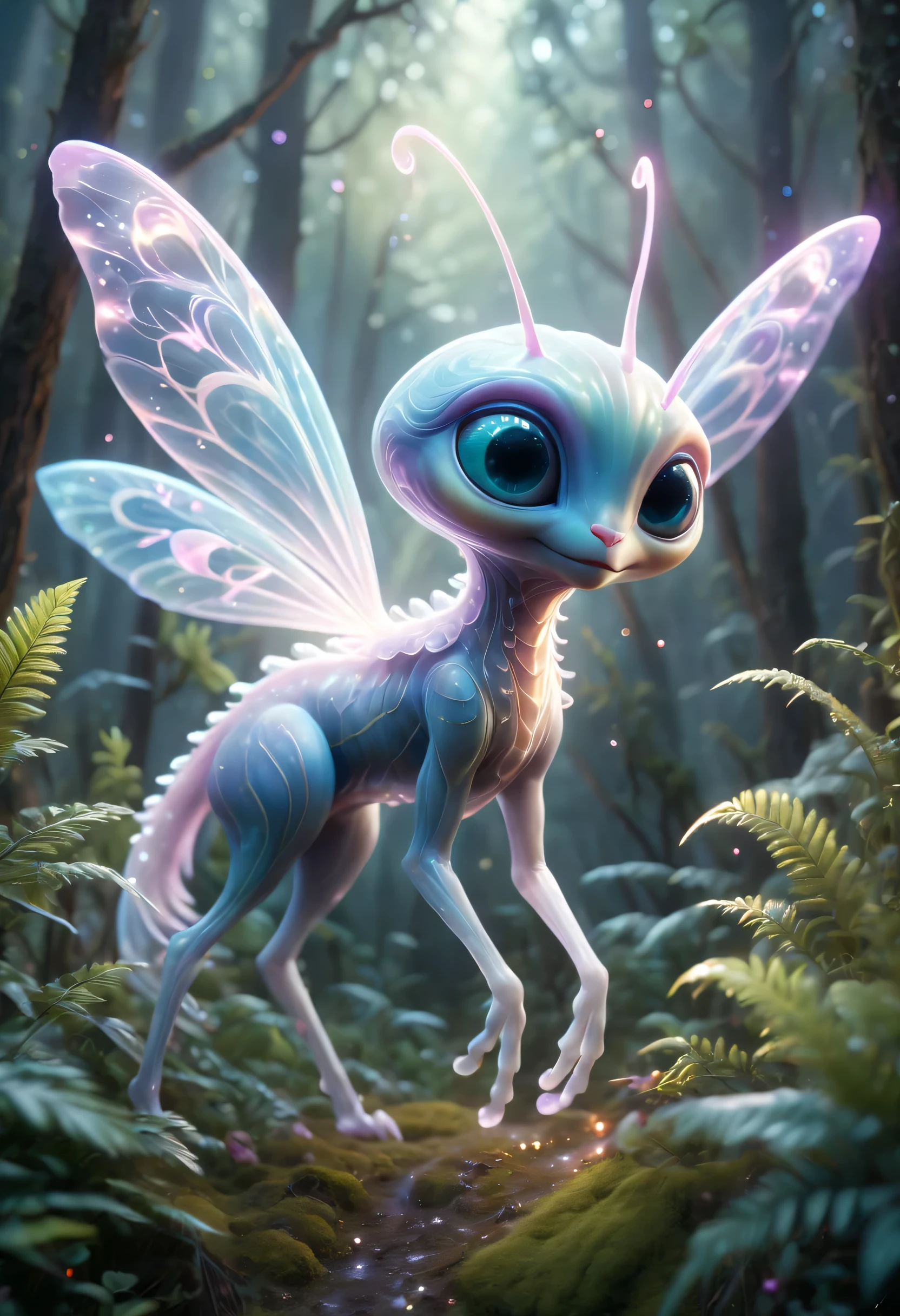 (best quality,4K,8k,high resolution,masterpiece:1.2),Super detailed,(actual,photoactual,photo-actual:1.37),alien forest,cute creature,可怕的alien creatures, powerful electromagnetic waves, lightwave, air flight, angry, transparent, long legs, glowing plants, Magic wand, fantasy landscape, bright colors, Glowing atmosphere, Whimsical creatures, otherworldly flora, charming scenery, mysterious aura, enchanted surroundings, alien creatures, mesmerizing charm, Ethereal atmosphere, suractual elements, cosmic energy, Fantasy realm, fantastic environment, surreal creature, EnchantingForest, imaginary world, magical terrain, Whimsical plants, mood lighting, vibrant leaves, Ethereal presence, otherworldly light, Fascinating details, Complex textures, radiant colors