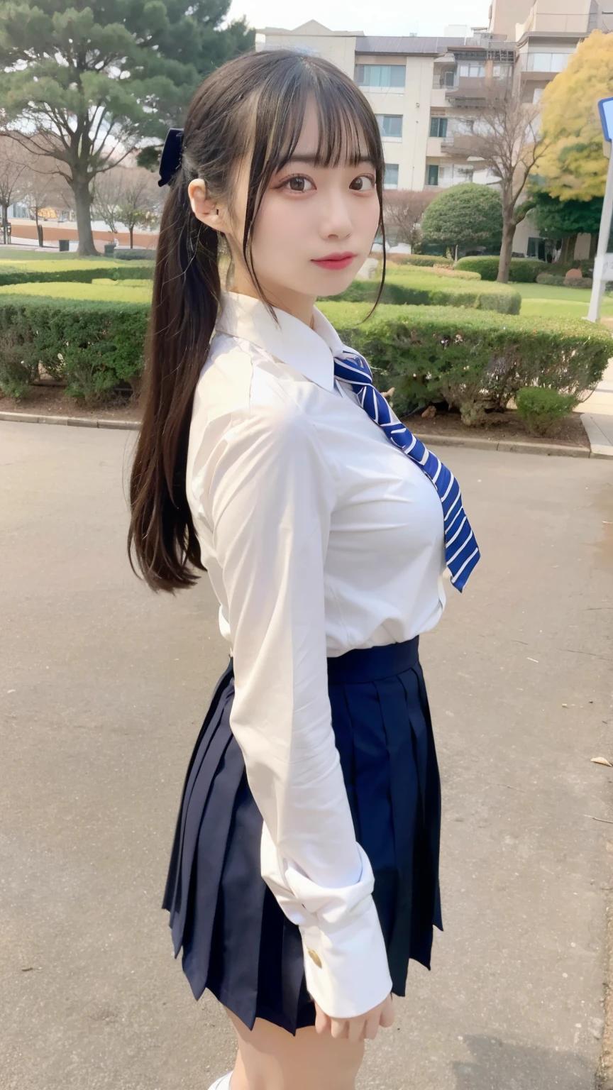 20歳,女子高生,野外,公園,歩いている,white collared shirt, Navy stripe necktie, pleated skirt, micromini skirt, white socks, loafers, school shoes,arched back