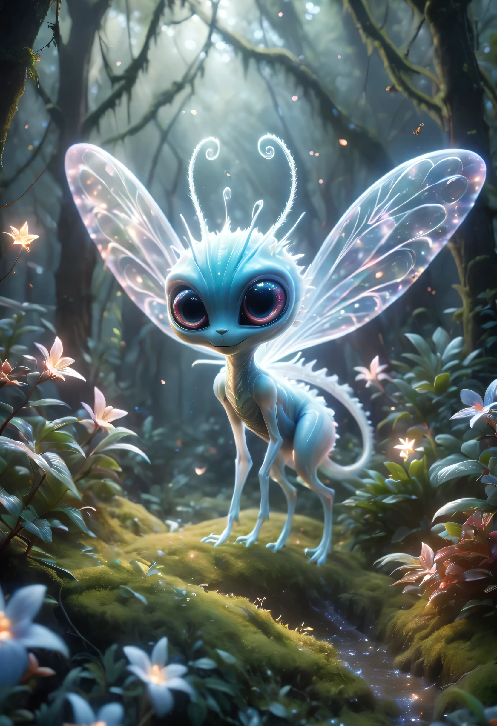 (best quality,4K,8k,high resolution,masterpiece:1.2),Super detailed,(actual,photoactual,photo-actual:1.37),alien forest,cute creature,可怕的alien creatures, powerful electromagnetic waves, lightwave, air flight, angry, transparent, long legs, glowing plants, Magic wand, fantasy landscape, bright colors, Glowing atmosphere, Whimsical creatures, otherworldly flora, charming scenery, mysterious aura, enchanted surroundings, alien creatures, mesmerizing charm, Ethereal atmosphere, suractual elements, cosmic energy, Fantasy realm, fantastic environment, surreal creature, EnchantingForest, imaginary world, magical terrain, Whimsical plants, mood lighting, vibrant leaves, Ethereal presence, otherworldly light, Fascinating details, Complex textures, radiant colors