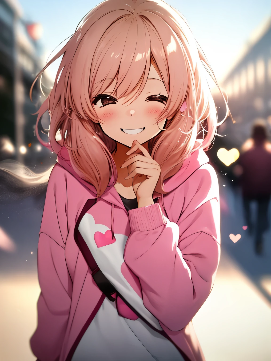 a girl, Pink sweatshirt, whole body, (Smile:1.1), (Squint your eyes slightly:1.2), , Bokeh, depth of field, blurred background, light particles, Strong wind, (heart particles:1.1)Stepping on the person she knocked down and smiling softly at the camera