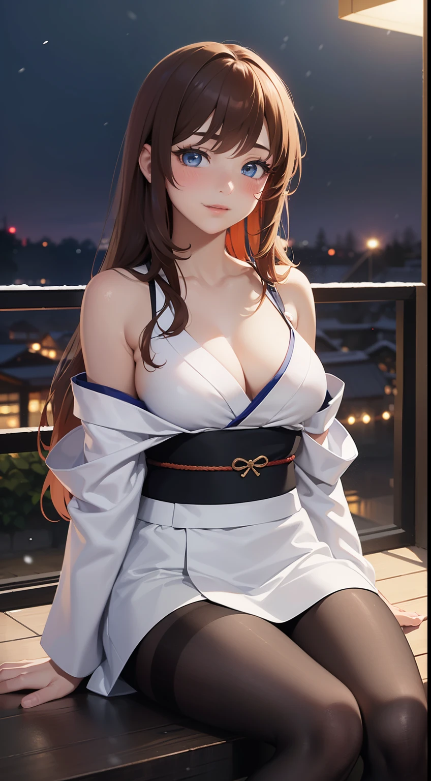 ((masterpiece, best quality, high resolution, ultra high definition, Pixel perfect, depth of field, 4K, RTX, human development report))), 1girl in, single, alone, Beauty、see whole body、 ((long hair, Short Liuhai, reddish brown hair)), ((blue eyes, beautiful eyelashes, realistic eyes)), ((Detailed face, blush:1.2)), ((smooth texture:0.75, lifelike质感:0.65, lifelike:1.1, Anime CG style)), medium breasts, Perfect body, (( Japanese Yukata,Fold skirt,Black tights)), Smile, Sitting in a hot spring in a charming position, (wind blows hair，bare shoulders、exposing her chest、Black tights) , It snows at night