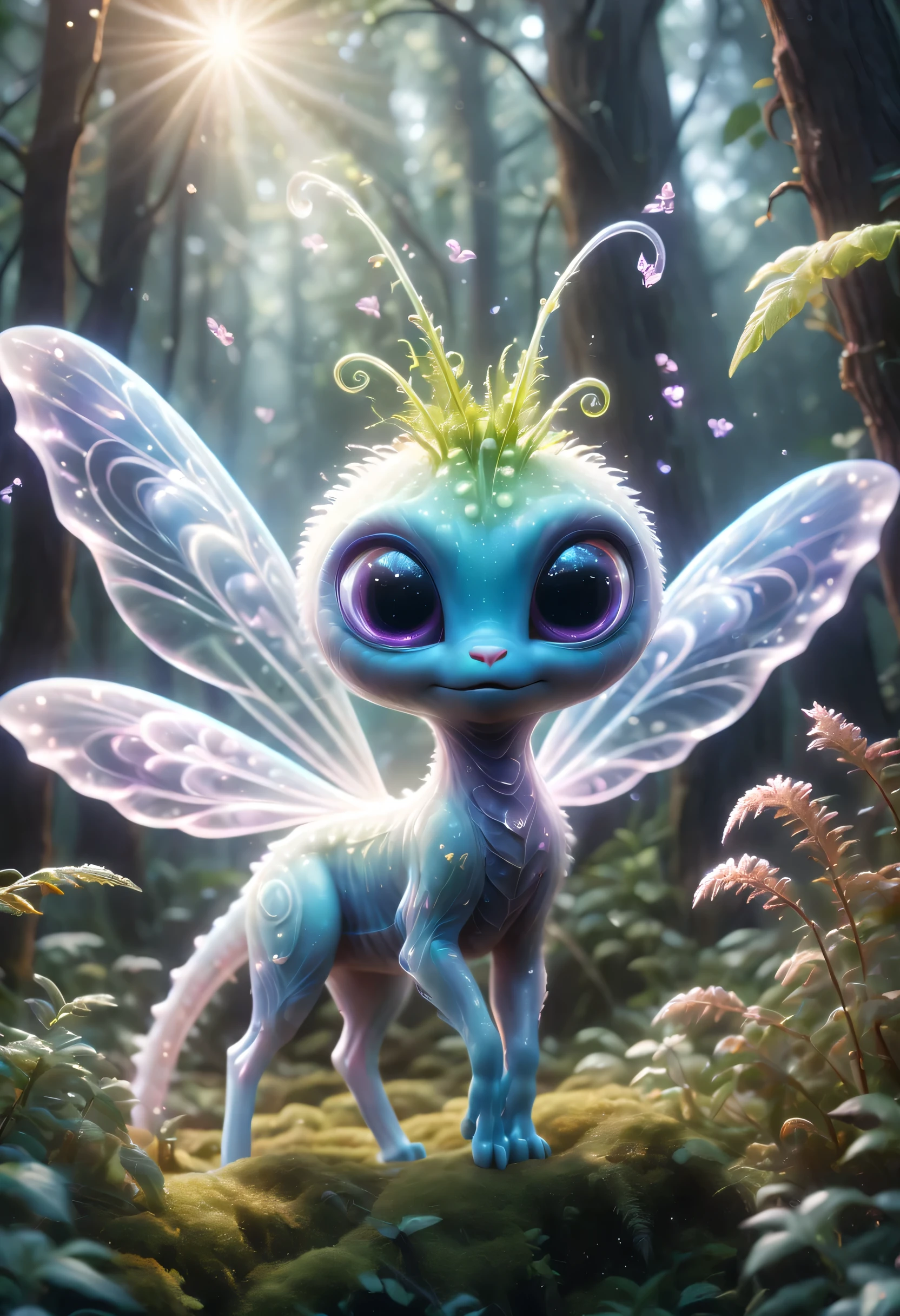 (best quality,4K,8k,high resolution,masterpiece:1.2),Super detailed,(actual,photoactual,photo-actual:1.37),alien forest,cute creature,可怕的alien creatures, powerful electromagnetic waves, lightwave, air flight, angry, transparent, long legs, glowing plants, Magic wand, fantasy landscape, bright colors, Glowing atmosphere, Whimsical creatures, otherworldly flora, charming scenery, mysterious aura, enchanted surroundings, alien creatures, mesmerizing charm, Ethereal atmosphere, suractual elements, cosmic energy, Fantasy realm, fantastic environment, surreal creature, EnchantingForest, imaginary world, magical terrain, Whimsical plants, mood lighting, vibrant leaves, Ethereal presence, otherworldly light, Fascinating details, Complex textures, radiant colors