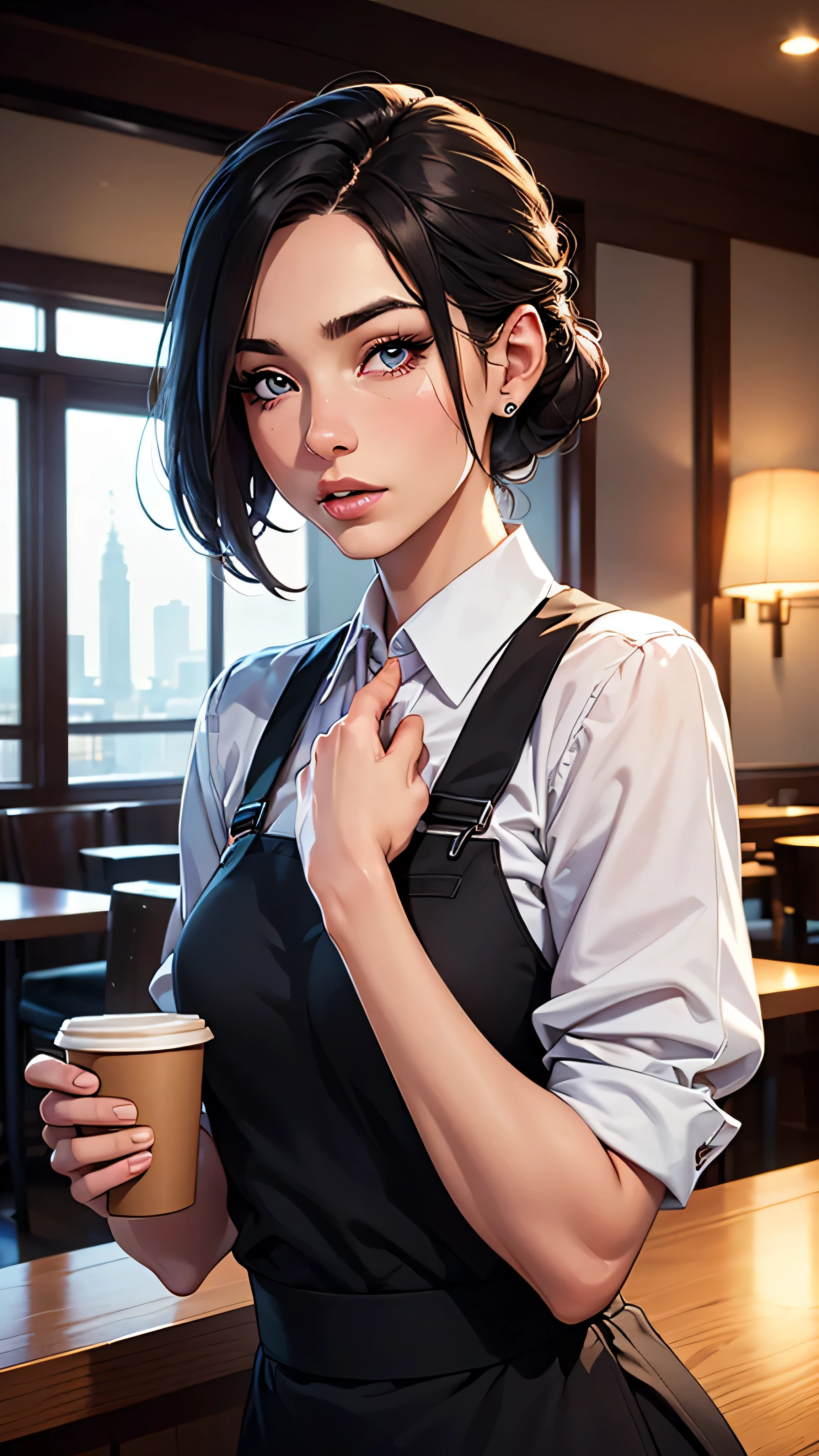 (best quality,4k,highres:1.2),ultra-detailed,realistic:1.37,a waitress at the hotel with a very shocked and mazed expression,beautiful detailed eyes,beautiful detailed lips,longeyelashes,1 girl,coffee shop background,professional,vivid colors,soft lighting,portrait