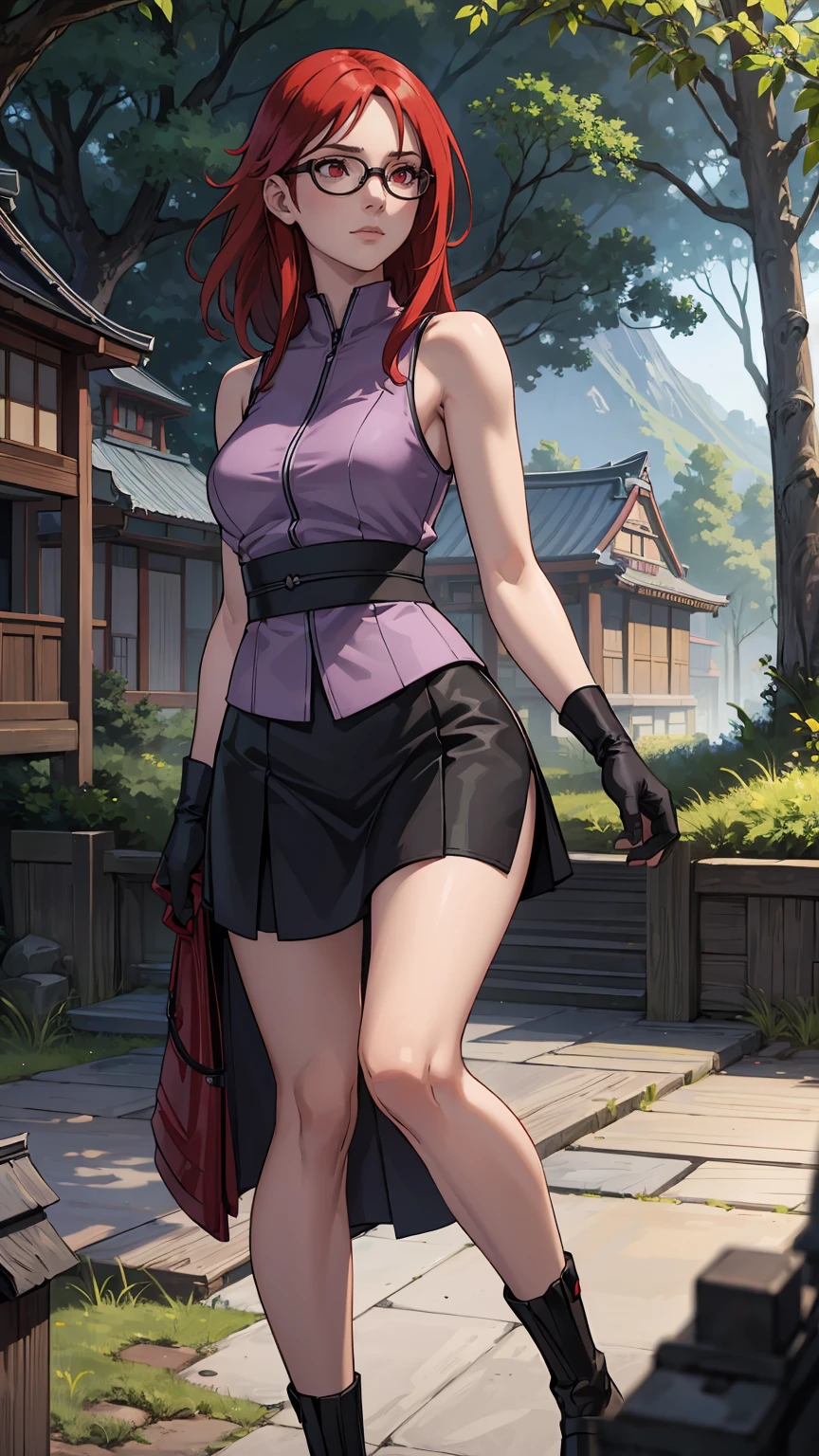 (masterpiece:1.2, best quality:1.2, beautiful, high quality, highres:1.1), detailed, extremely detailed 4K, perfect eyes, perfect face, perfect lighting, (1girl, solo, adult female, mature female), thin, lithe body, 
karin, long red hair, red eyes, glasses, (flat chest:1.2), glasses, red eyes
Pale violet sleeveless shirt, black straight skirt, bike shorts under skirt, black stockings, combat gloves, 
(outside, trees, japanese village background:1.2), closed clothes, closed zipper shirt, (( serene calm, elegant ))  sexy curves, 8k