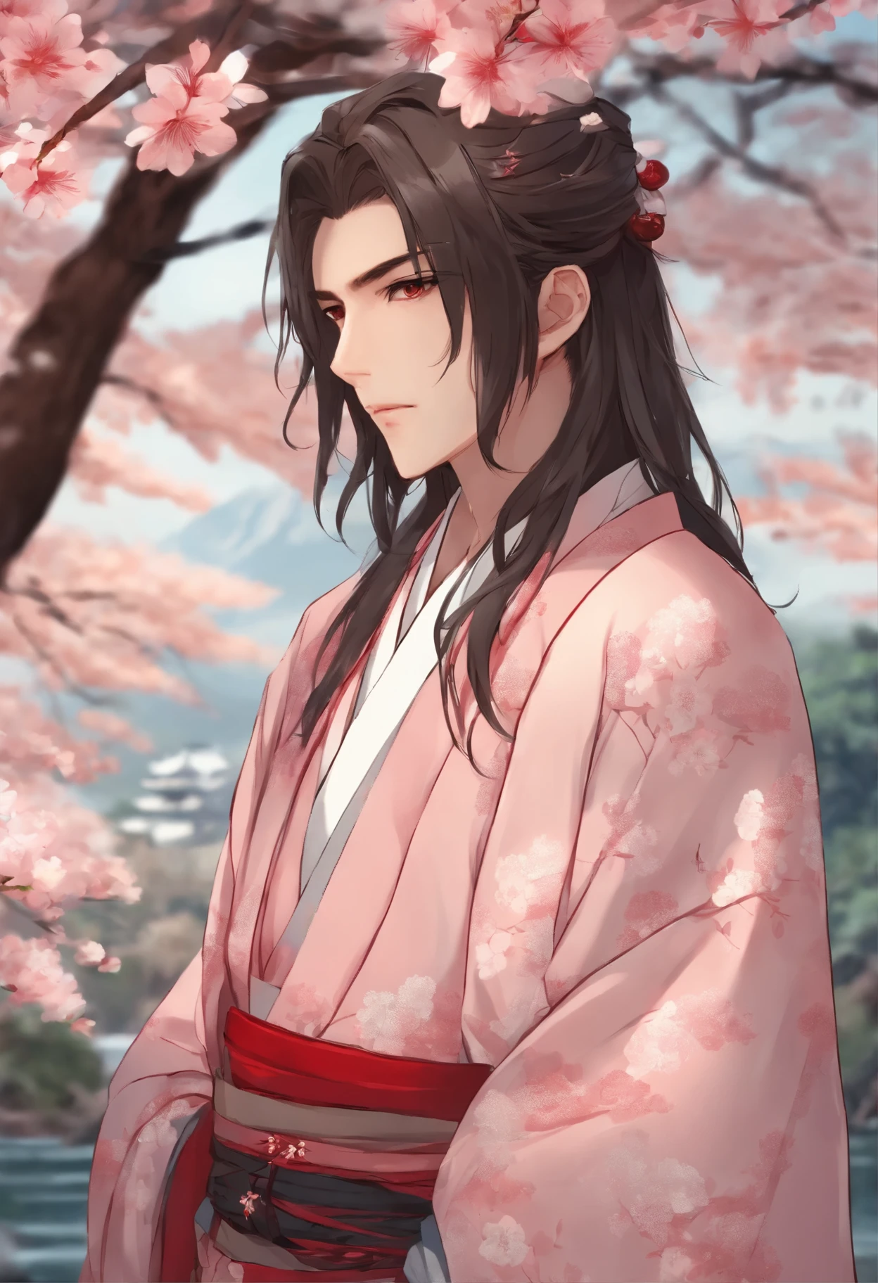 1boy, upper body, expressionless, japanese clothes, long hair, solo, cherry blossoms, looking at viewer,