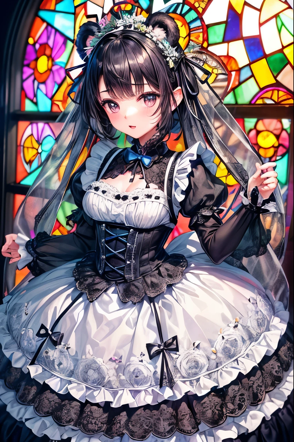 ((worst quality, low quality)), ((Bear-eared chemomimi girl:1.5)), (Gothic ta), ((Black-haired berry berry short:1.4)), (((Beautiful clear purple eyes:1.2))), plump and glossy lips, spoken word heart, A posture of leaning forward, (perfect hands:1.4), (Mr.々decorated with brightly colored gerberas white&black Gothic Loli.5), (voluminous frills:1.3), (basque waist:1.3), (crinoline、long multilayer volume ruffle skirt、Mr.々decorated with brightly colored gerberas:1.5), (intricate gerbera lace embroidery:1.6), (Mr.々decorated with brightly colored gerberasGothic Lolita:2 (In white pink high heels、Mr.々Decorated with fresh gerbera flowers of different colors:1.2), (((Stained glass window background:1.3))), ((shining sunlight)), (light particles, shine of light, light:1.4), muste piece,best quality,Super detailed,