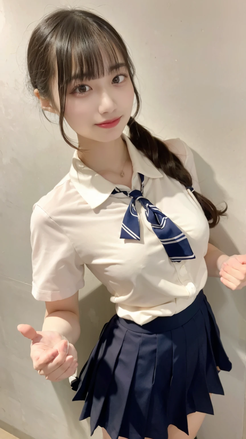 20歳, 女子高生, 野外, 公園, white collared shirt, Navy stripe necktie, pleated skirt, micromini skirt, white socks, loafers, school shoes, arched back, 後方図