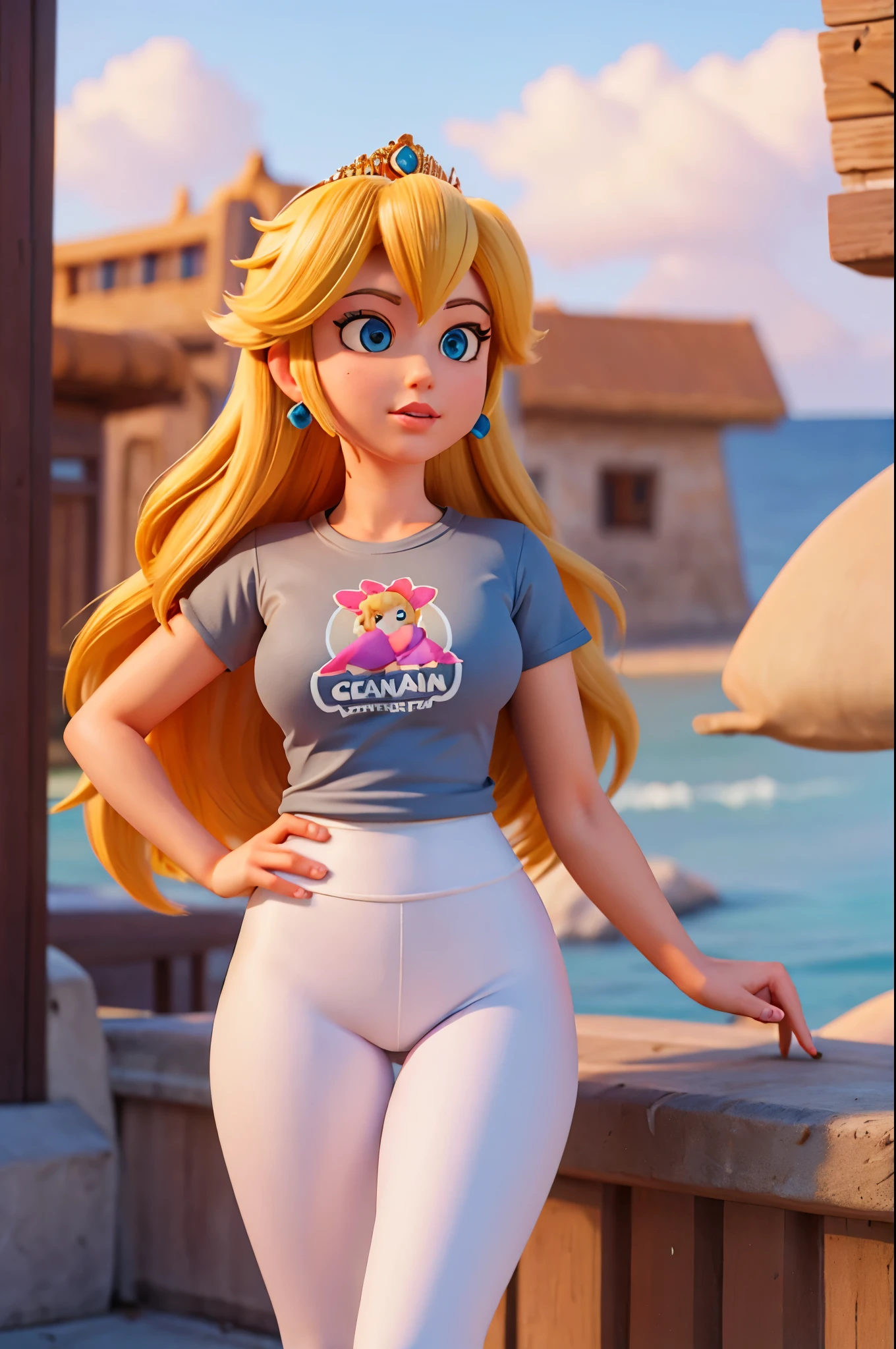 All textures in high quality and realistic details on clothing and leather,princess peach,yoga pants,t shirt,beach