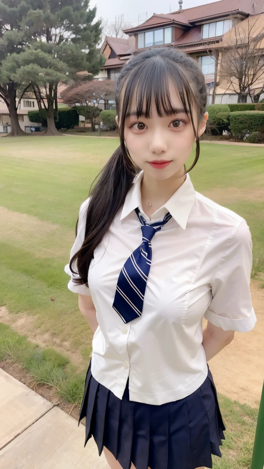 20歳, 女子高生, 野外, 公園, white collared shirt, Navy stripe necktie, pleated skirt, micromini skirt, white socks, loafers, school shoes, arched back, 後方図