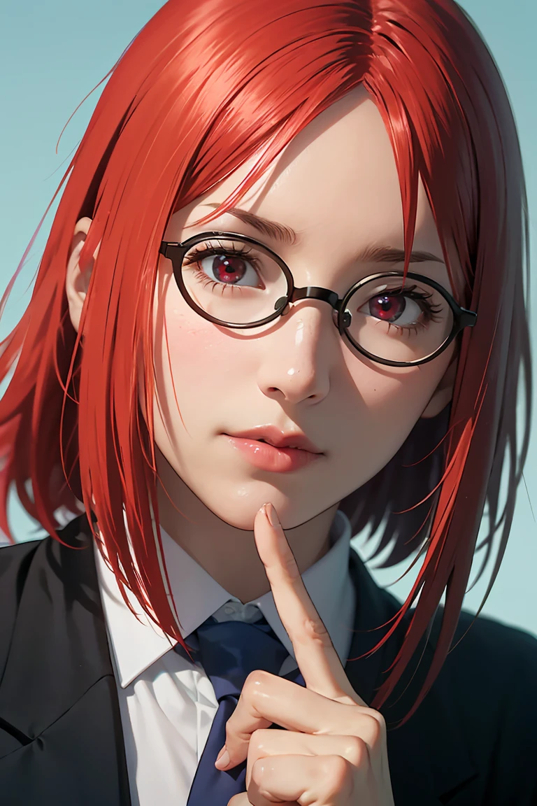 (((masterpiece, best quality, photo realistic))), (shiny skin), anatomically correct, delicated drawn hands and fingers, Cinematic lighting, physically-based rendering, award-winning, extremely detailed skin, extra detailed face, eyes with beautiful details, Carl Zeiss 85 mm F/1.4, BREAK, (1girl, solo), very cute is wearing Japanese school uniforms, (glossy red hair, short bob cut, red eyes, bangs, glasses, medium breasts), white collared shirt, satin fabric red stripe necktie, looking for camera, no expression, standing, (ID photo), extreme close shot, face focus, view from forward, blue background,